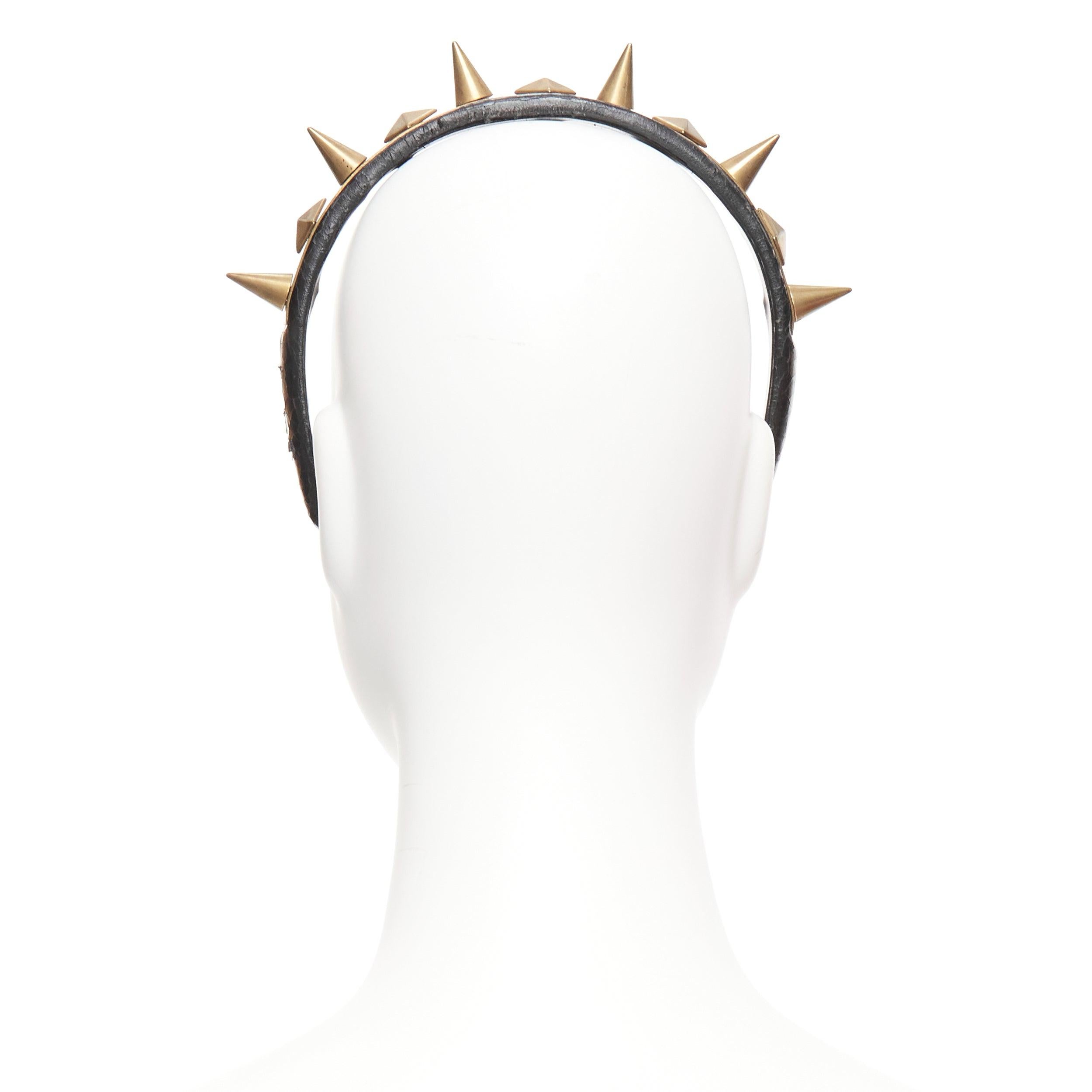 Women's rare GIVENCHY Riccardo Tisci antique gold spike black leather headband For Sale