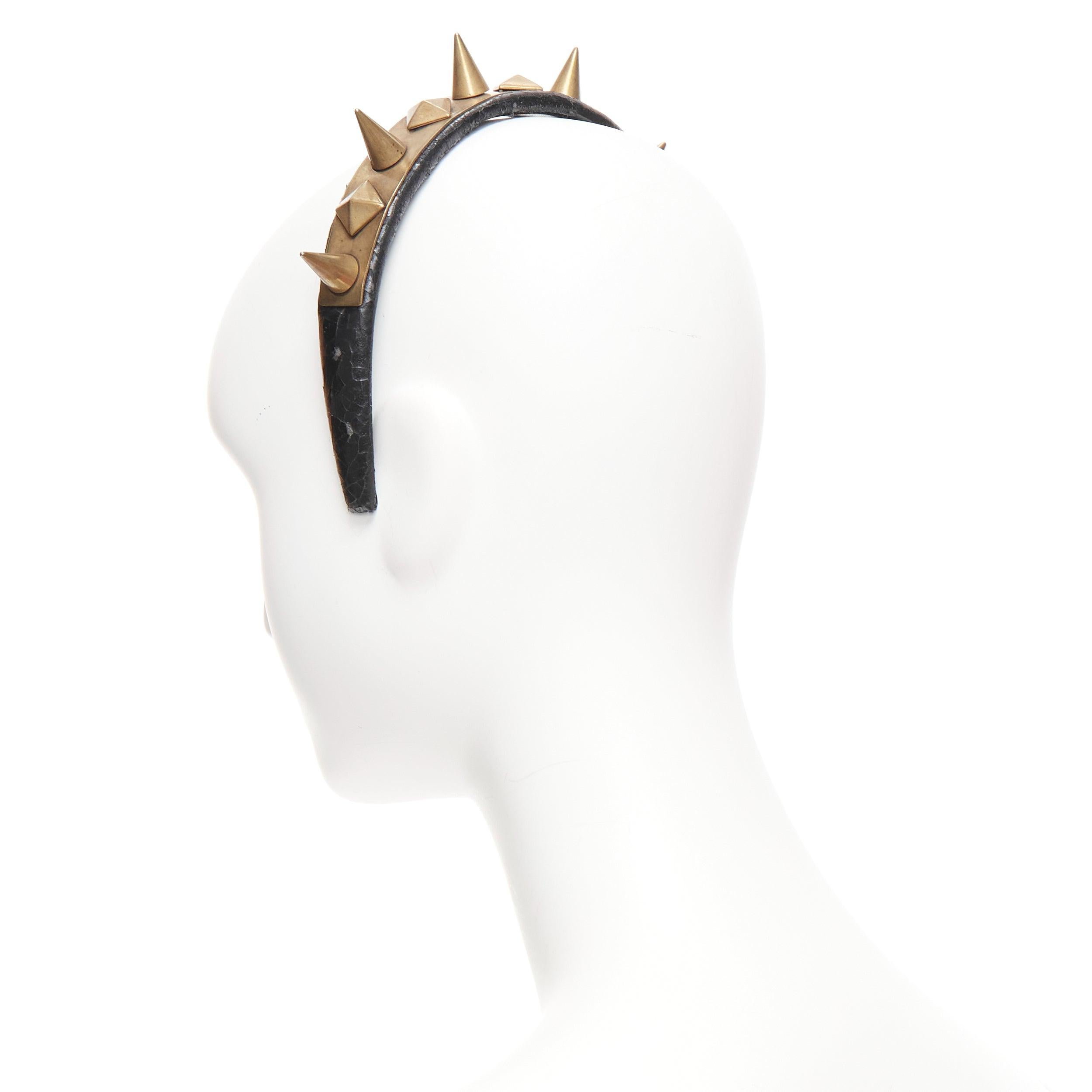 rare GIVENCHY Riccardo Tisci antique gold spike black leather headband For Sale 1