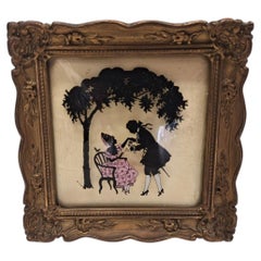 rare Glass-painting: Romantic Biedermeier scene, signed “ELLA”