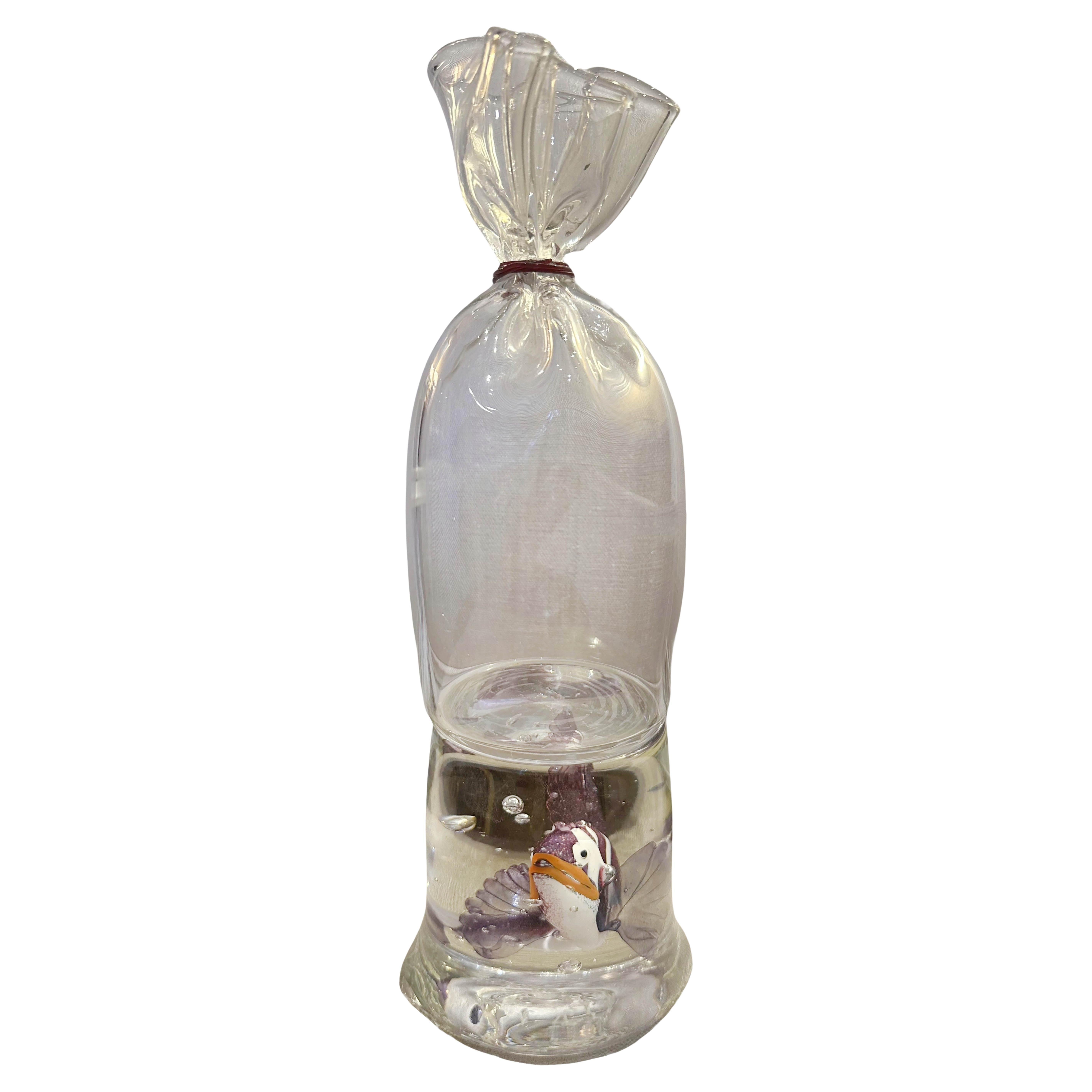 Rare Glass Sculpture of A Purple Clownfish in a Water Bag by Brian J. Kelk For Sale