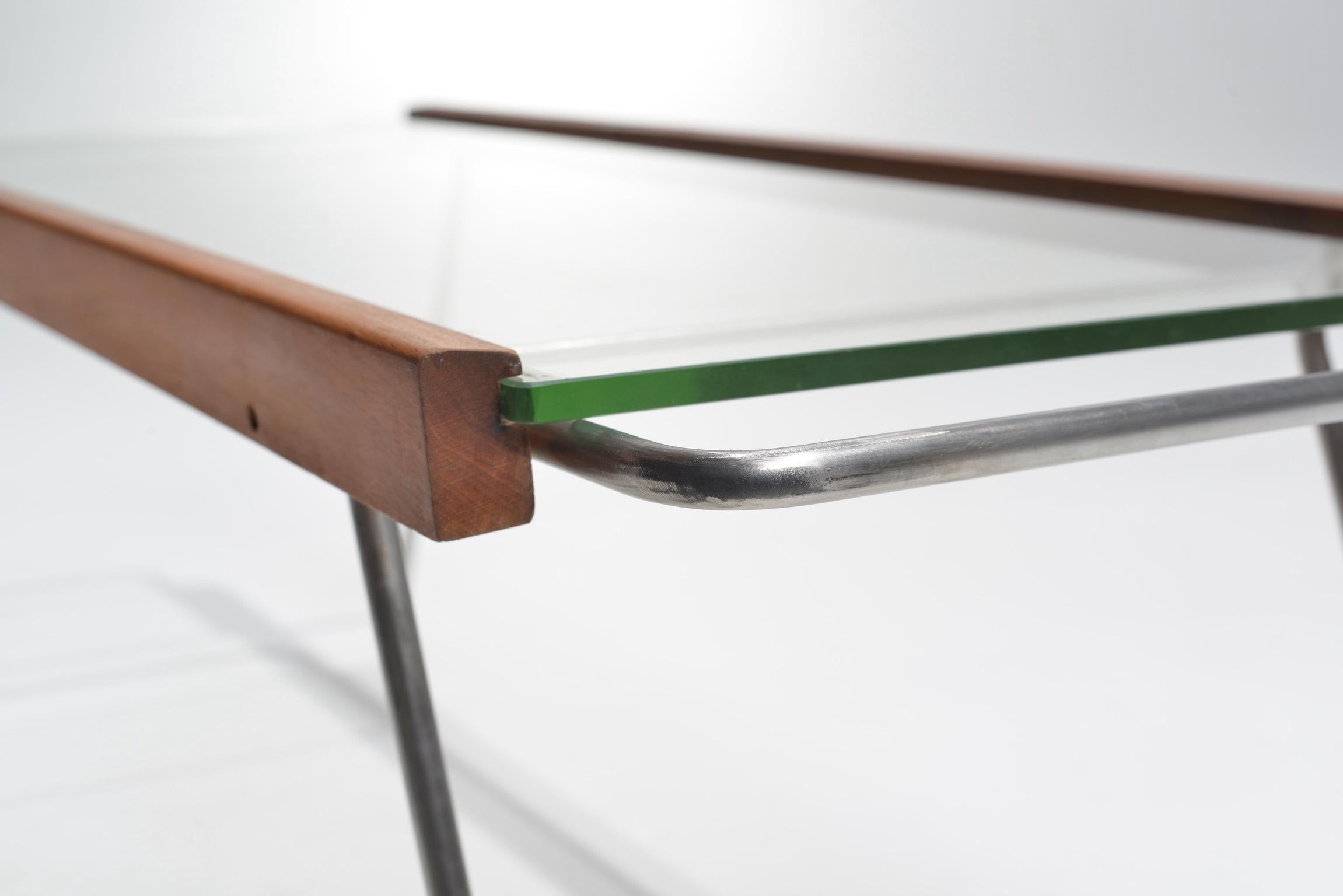 Acier inoxydable Rare table basse réglable en verre et bois de Bill Lam en vente