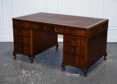 RARO GLOBE WERNiCKE BURGUNDY EMBOSSED LEATHER TOP TWIN PEDESTAL DESK