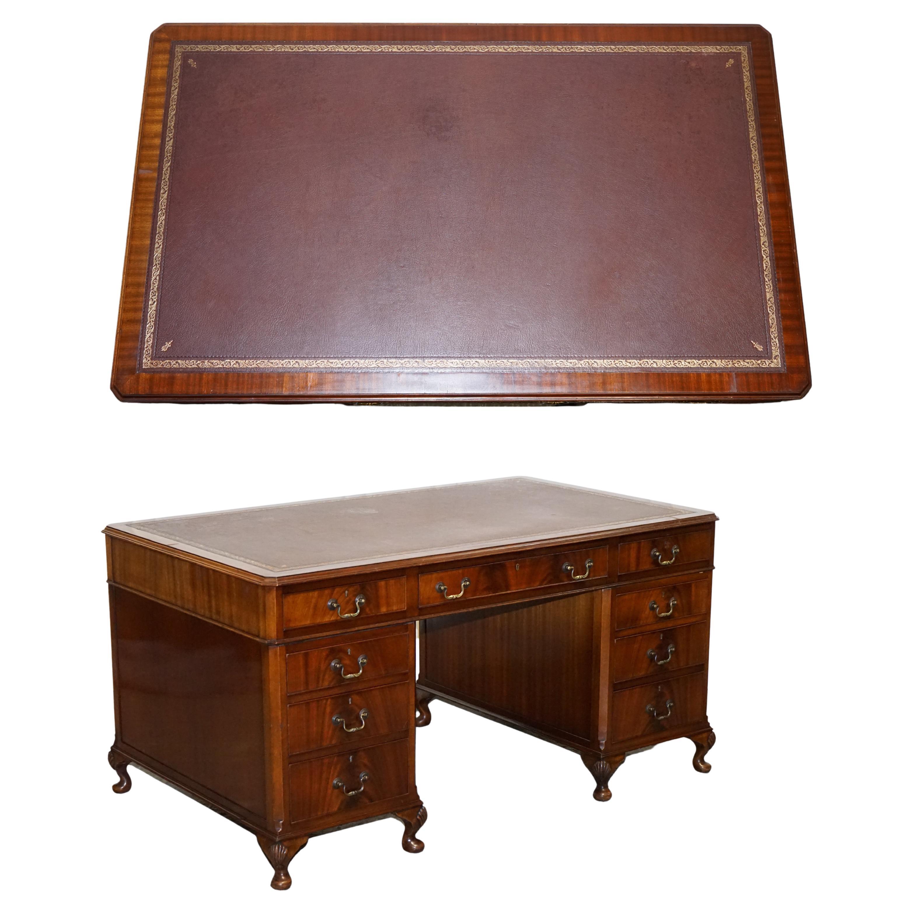 RARO GLOBE WERNiCKE BURGUNDY EMBOSSED LEATHER TOP TWIN PEDESTAL DESK
