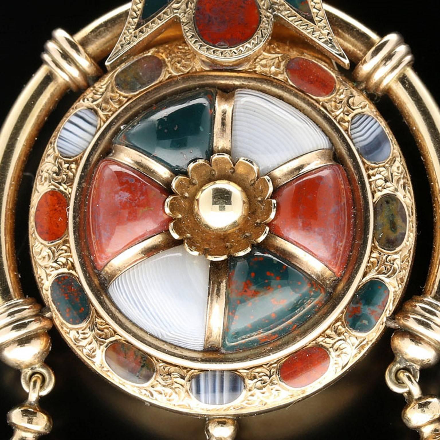 Victorian Rare Gold and Scottish Hardstone Bulla-Style Pendant