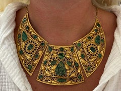 Rare Gold Egyptian Necklace with Green Venetian Stained Glass