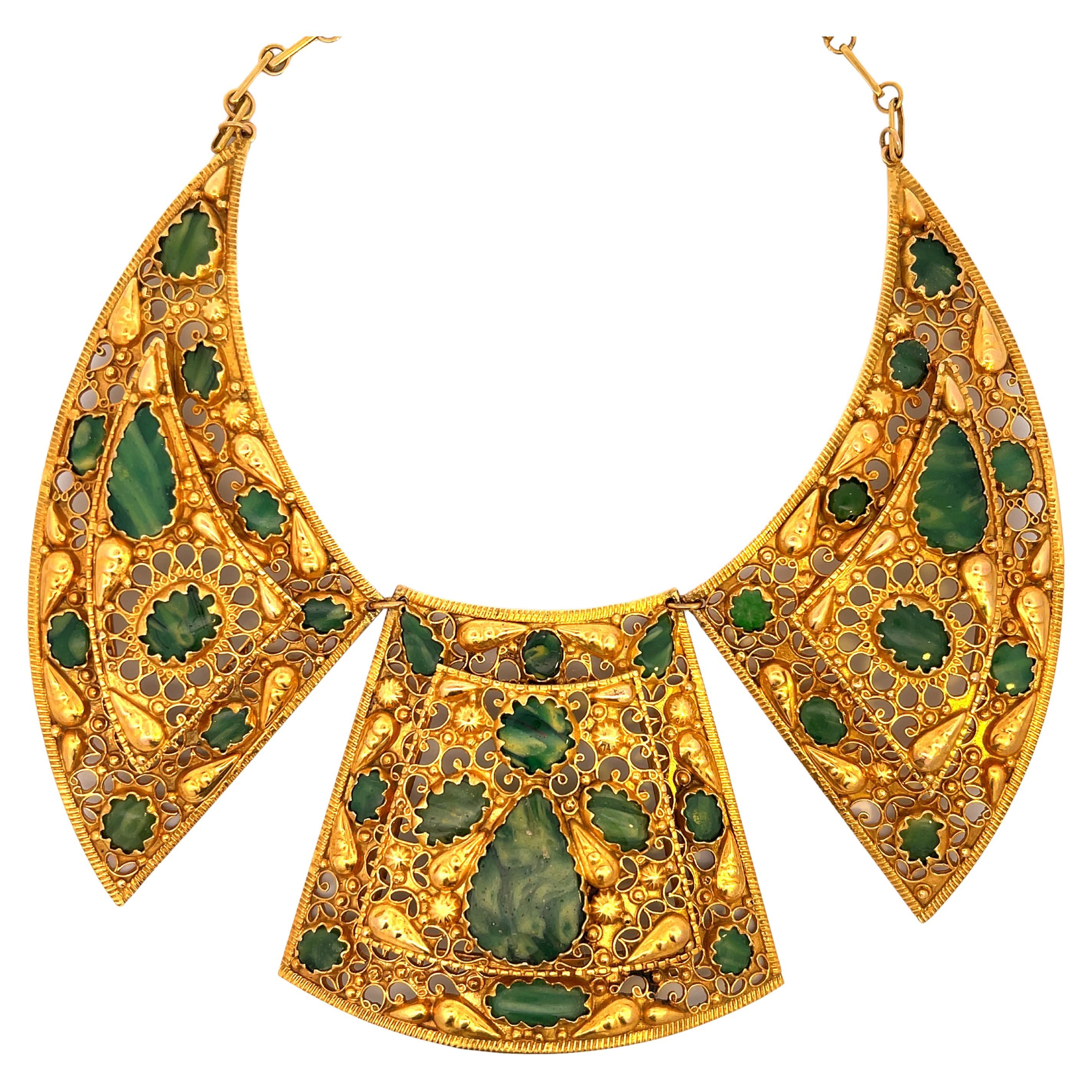 Rare Gold Egyptian Necklace with Green Venetian Stained Glass For Sale