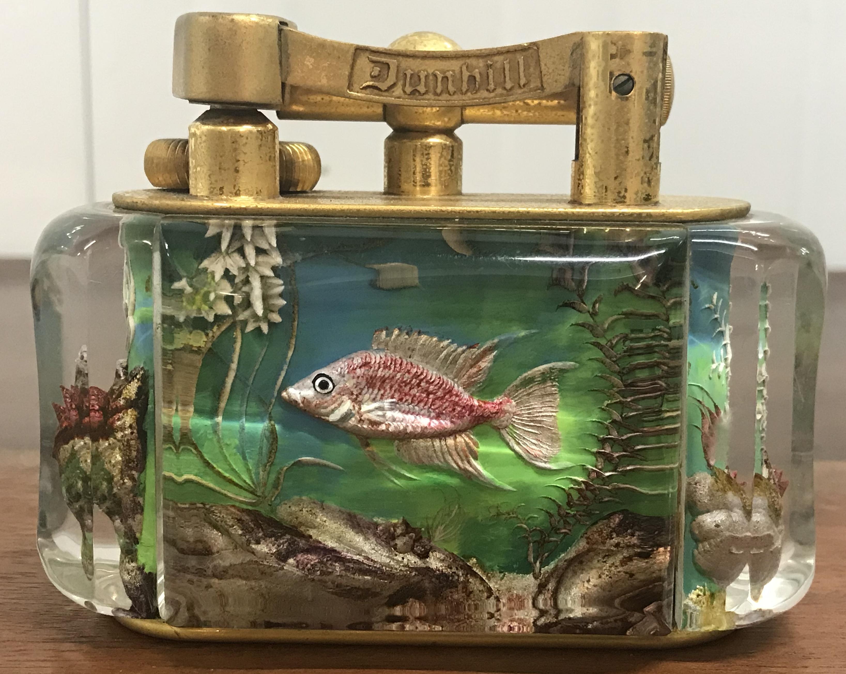 Gold Plate Rare Gold-Plated 1950s Dunhill Aquarium Oversized Table Lighter Made in England