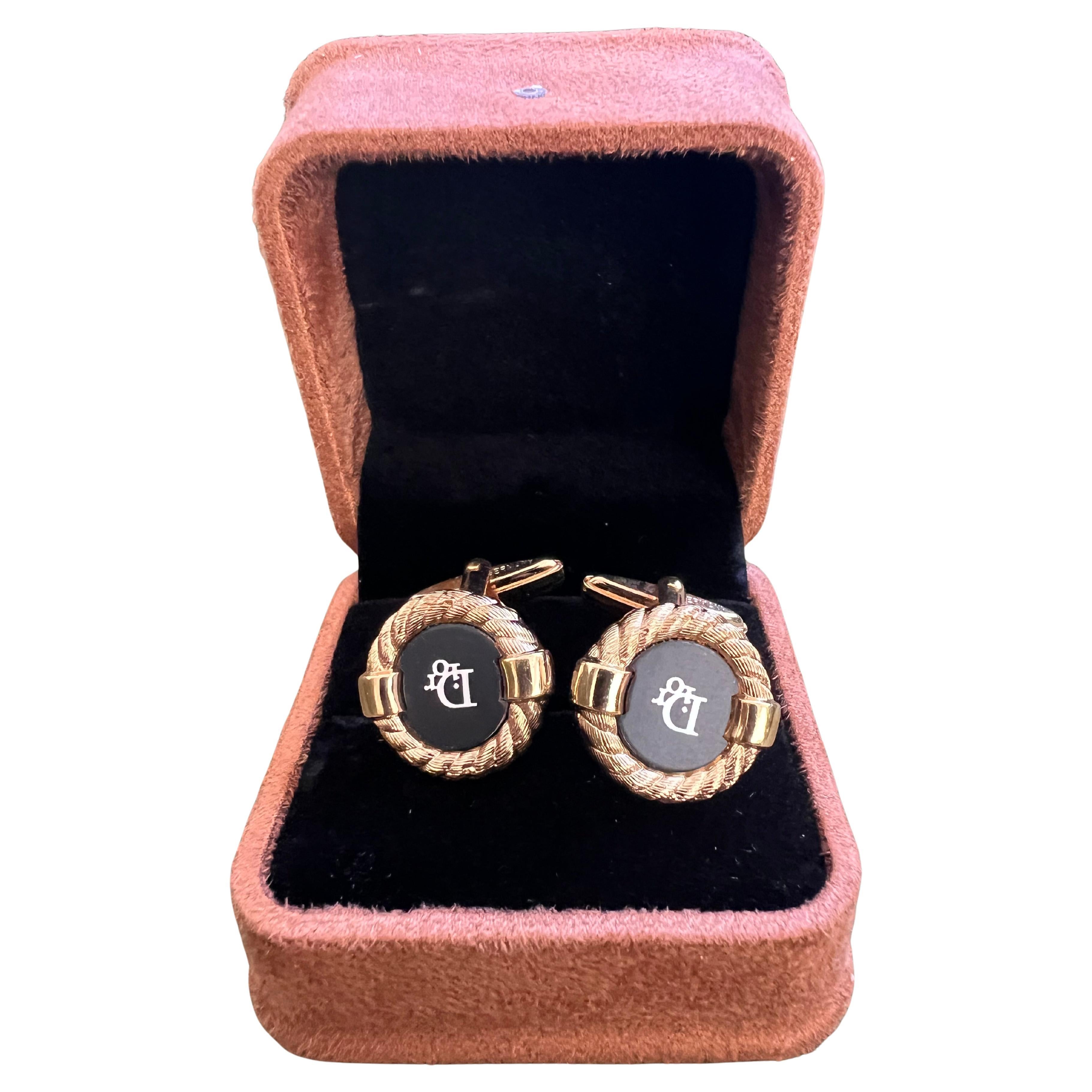 Rari gemelli da polso vintage Art of Vintage Christian Dior placcati in oro e onice con custodia Lux
