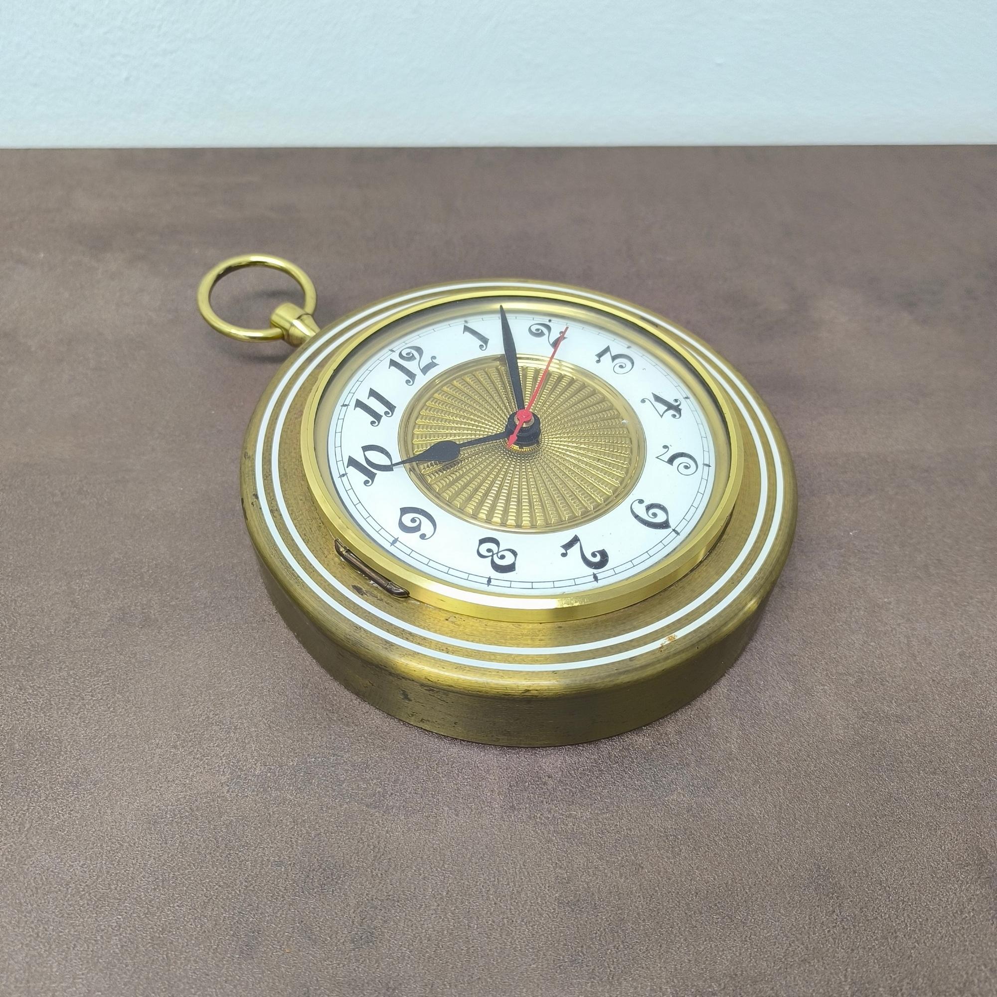 German Rare Golden Junghans Gilt Brass Enamel Wall Clock with Original Quartz Movement For Sale