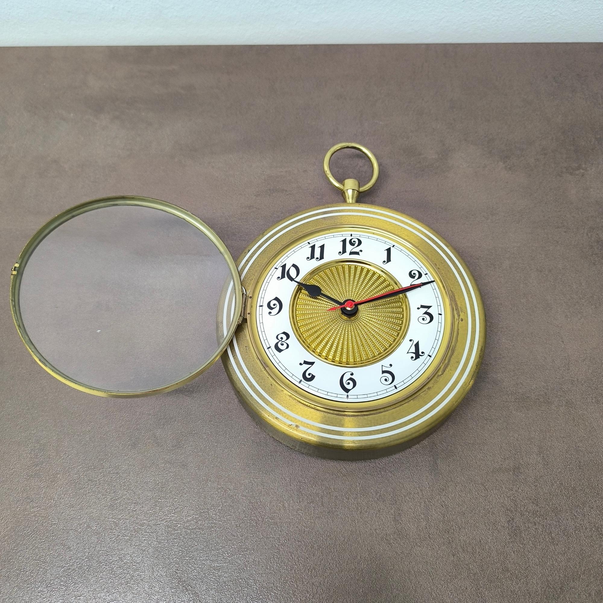 Enameled Rare Golden Junghans Gilt Brass Enamel Wall Clock with Original Quartz Movement For Sale