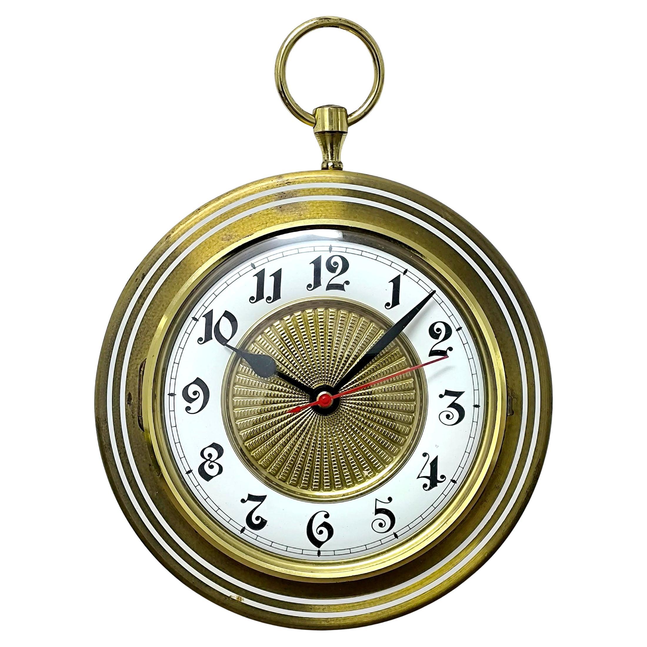 Rare Golden Junghans Gilt Brass Enamel Wall Clock with Original Quartz Movement