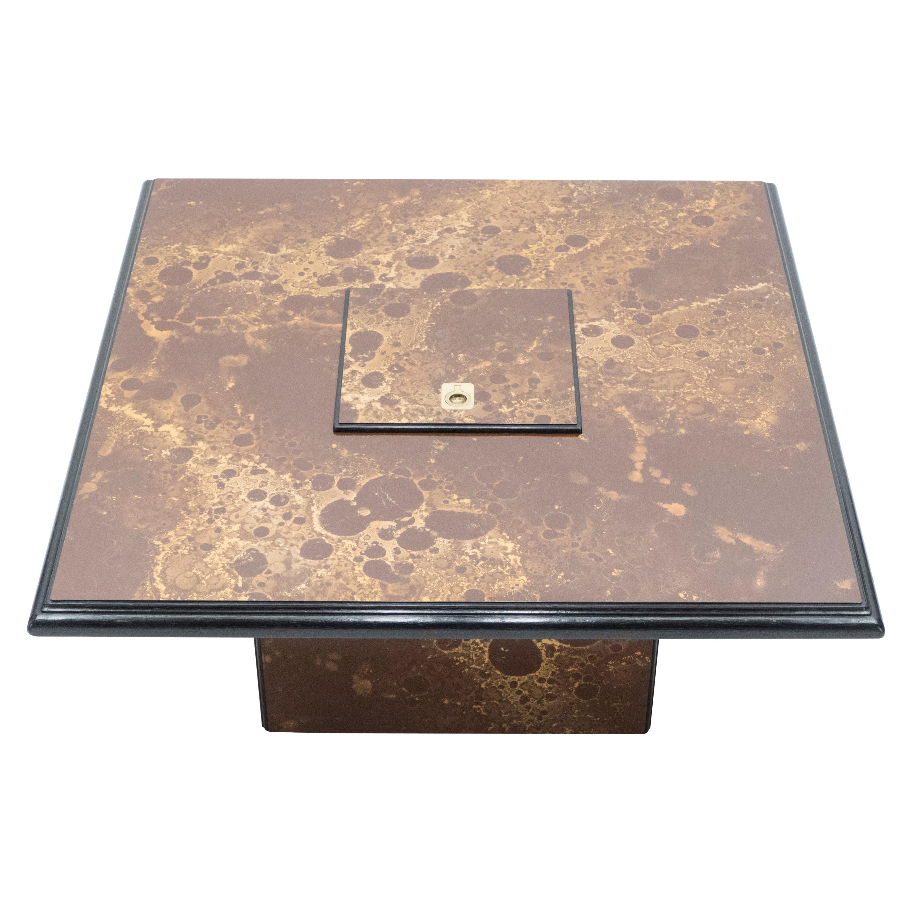 Mid-Century Modern Rare Golden Lacquer and Brass Maison Jansen Bar Coffee Table, 1970s For Sale