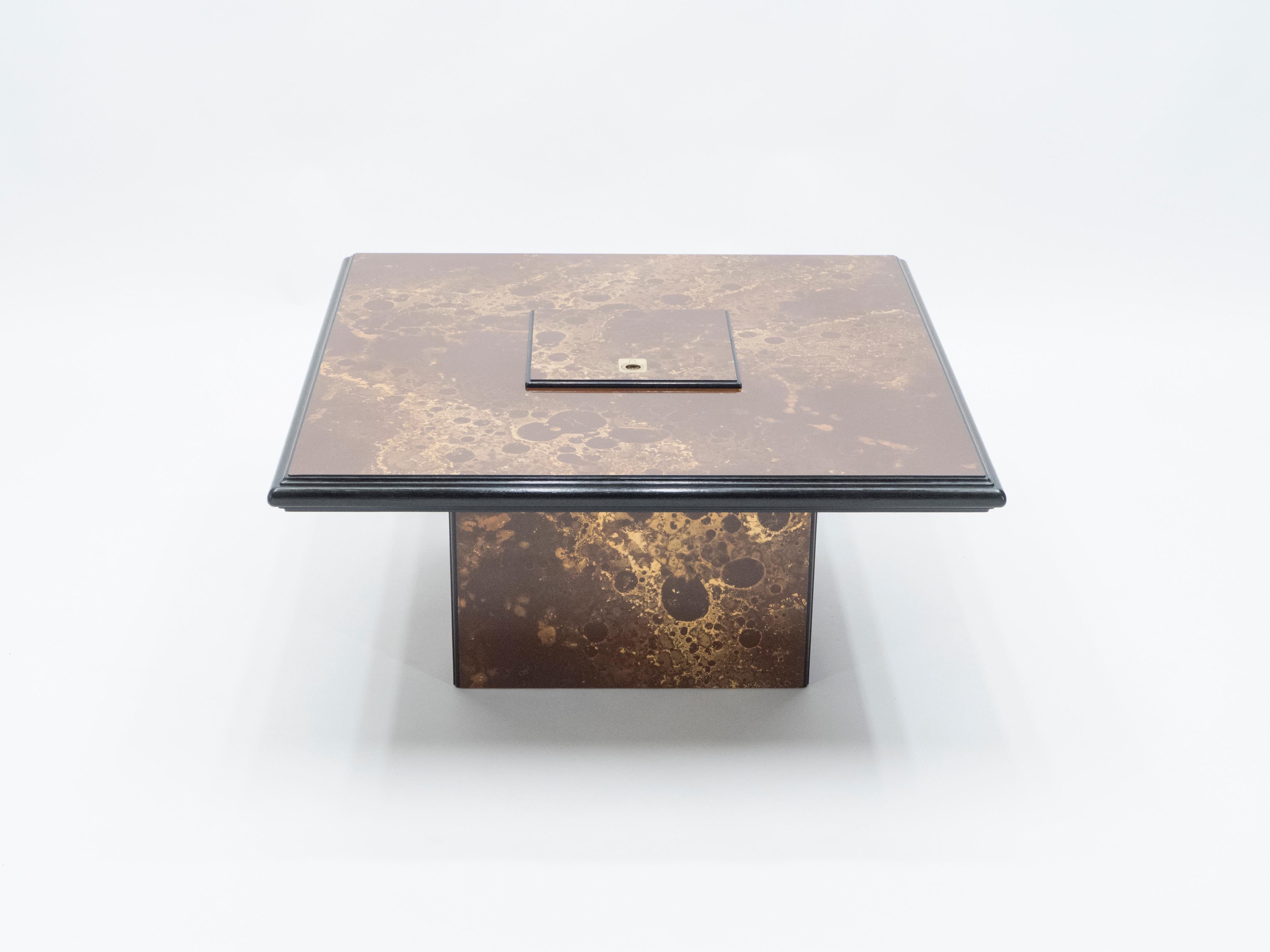 French Rare Golden Lacquer and Brass Maison Jansen Bar Coffee Table, 1970s For Sale