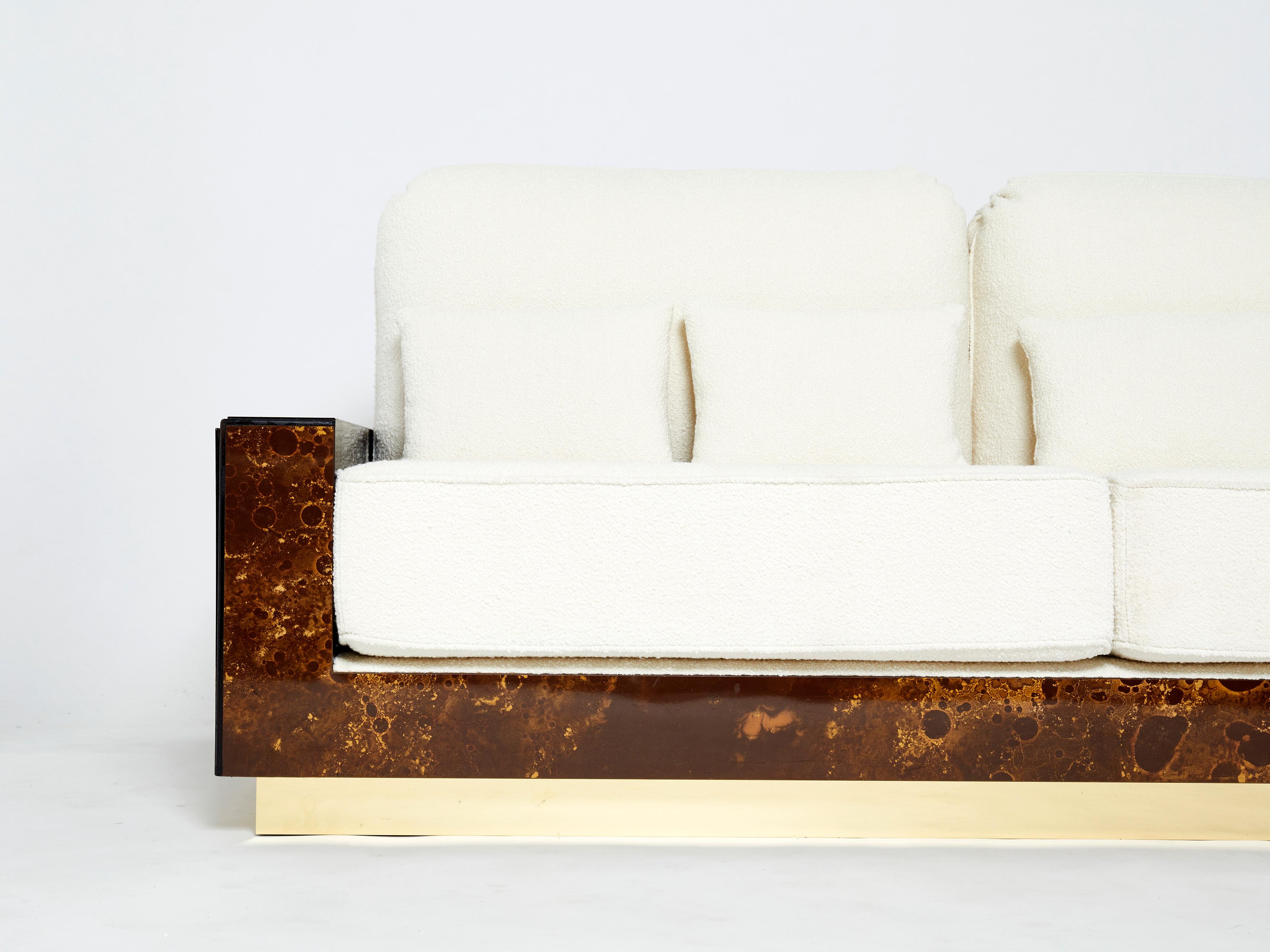 French Rare Golden Lacquer and Brass Maison Jansen Bouclé Sofa, 1970s For Sale