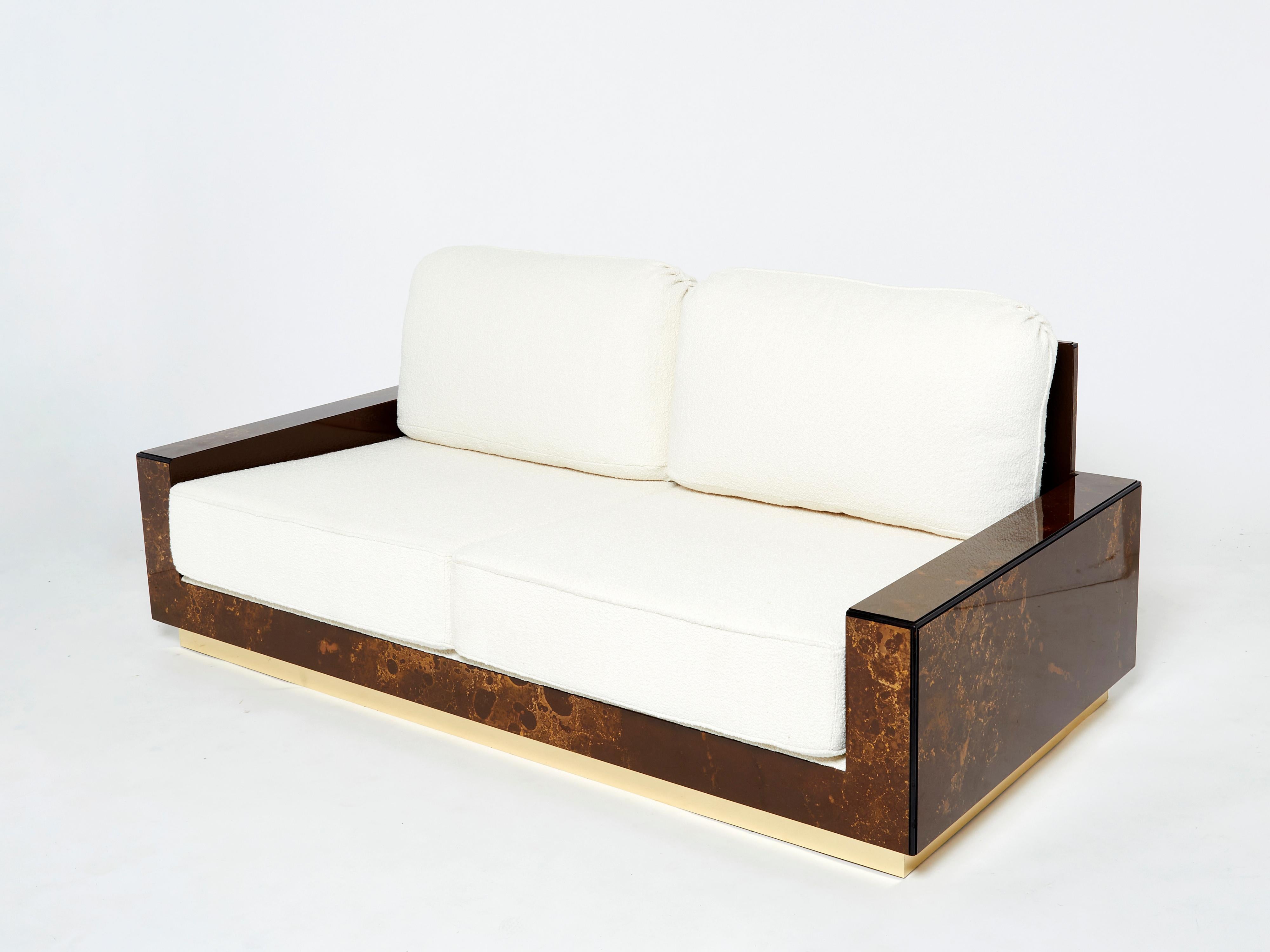 Rare Golden Lacquer and Brass Maison Jansen Bouclé Sofa, 1970s For Sale 2