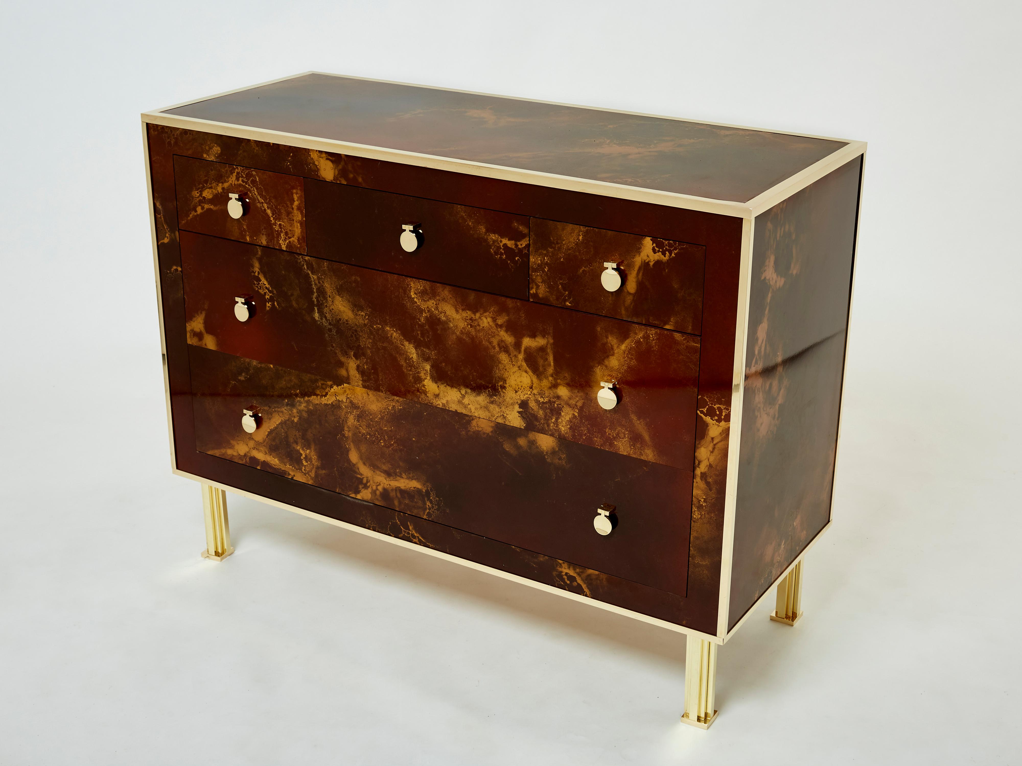 Mid-Century Modern Rare Golden Lacquer and Brass Maison Jansen Chest of Drawers 1970s For Sale