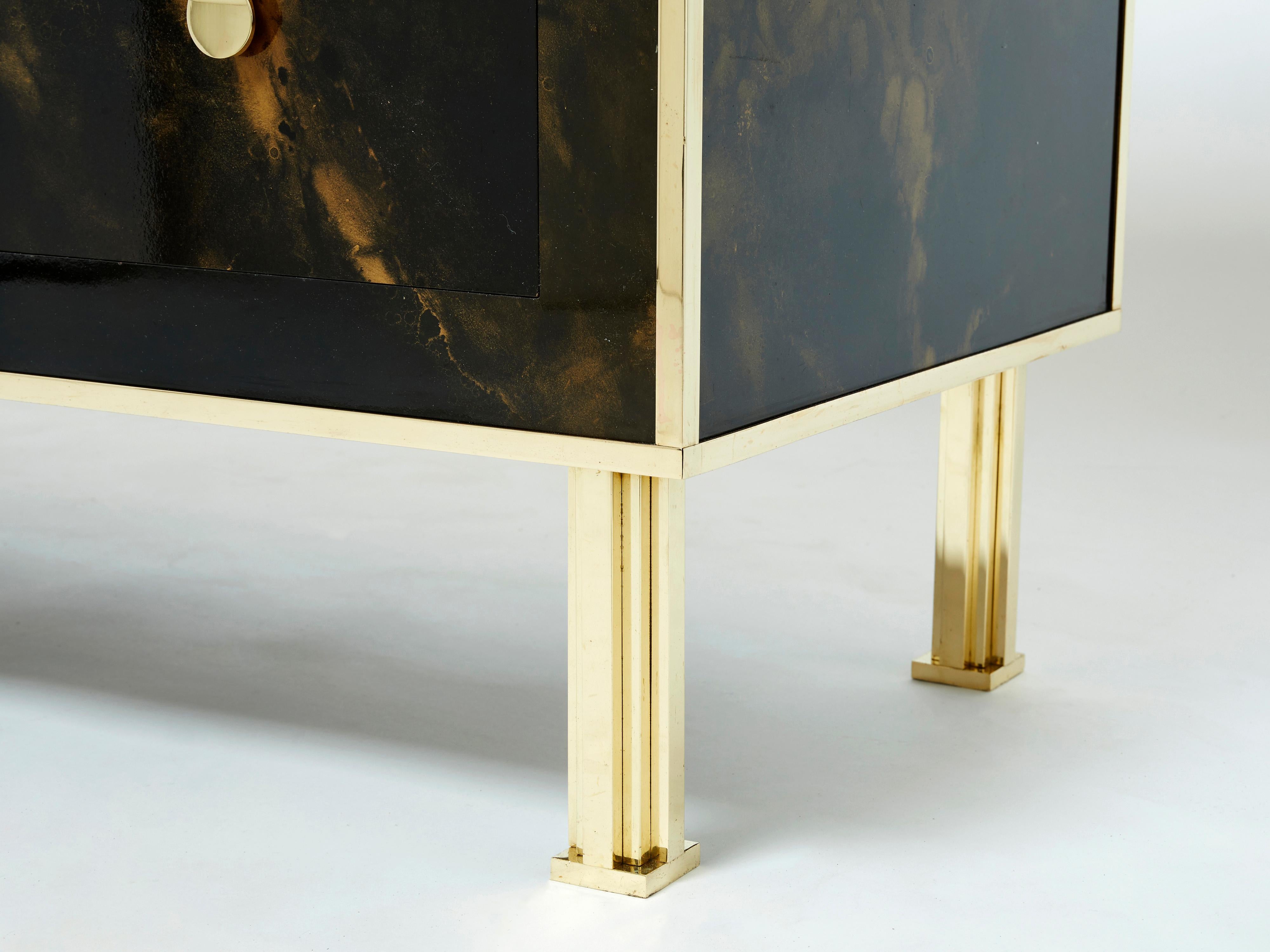 French Rare Golden Lacquer and Brass Maison Jansen Chest of Drawers, 1970s