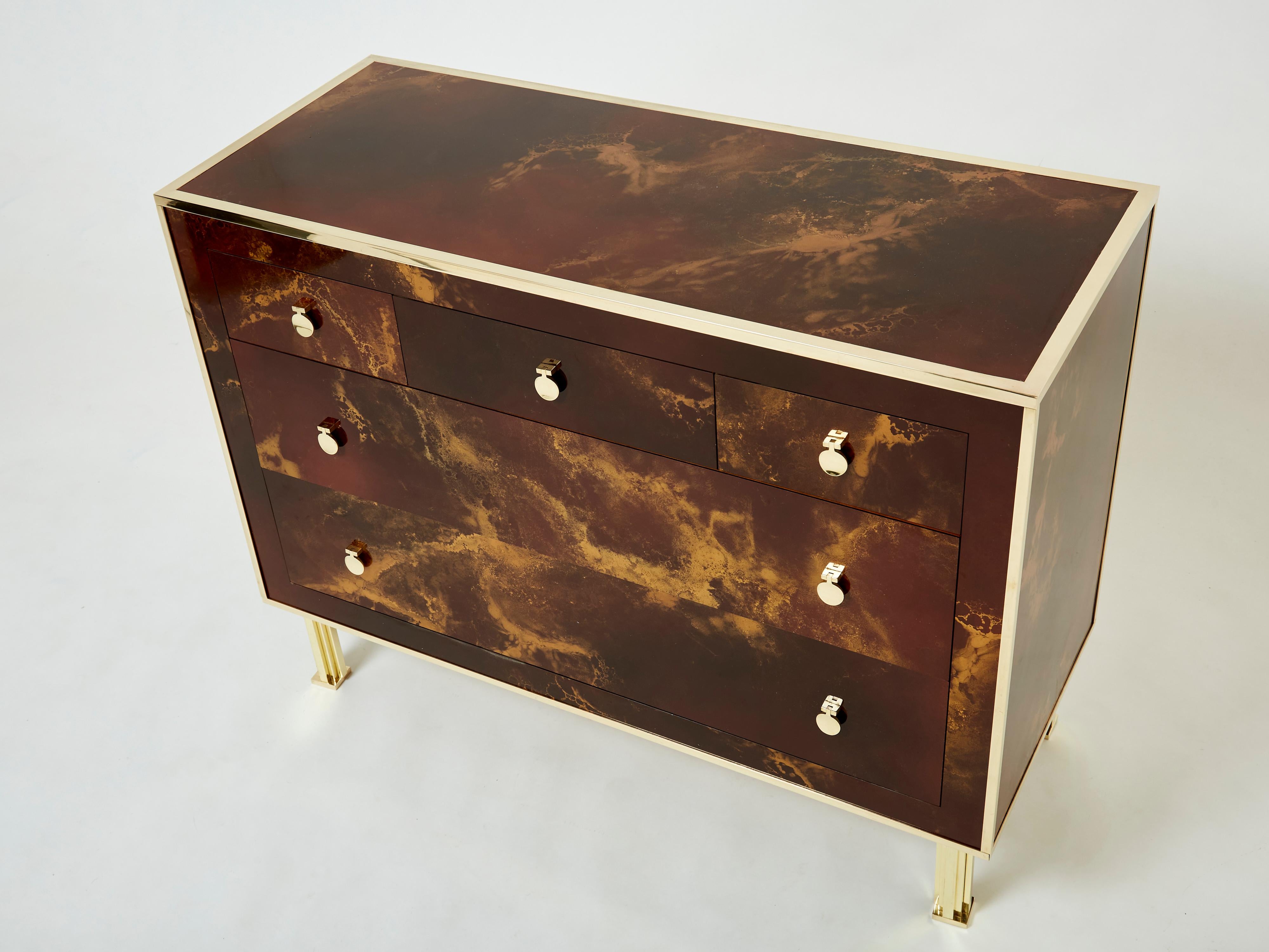 French Rare Golden Lacquer and Brass Maison Jansen Chest of Drawers 1970s For Sale