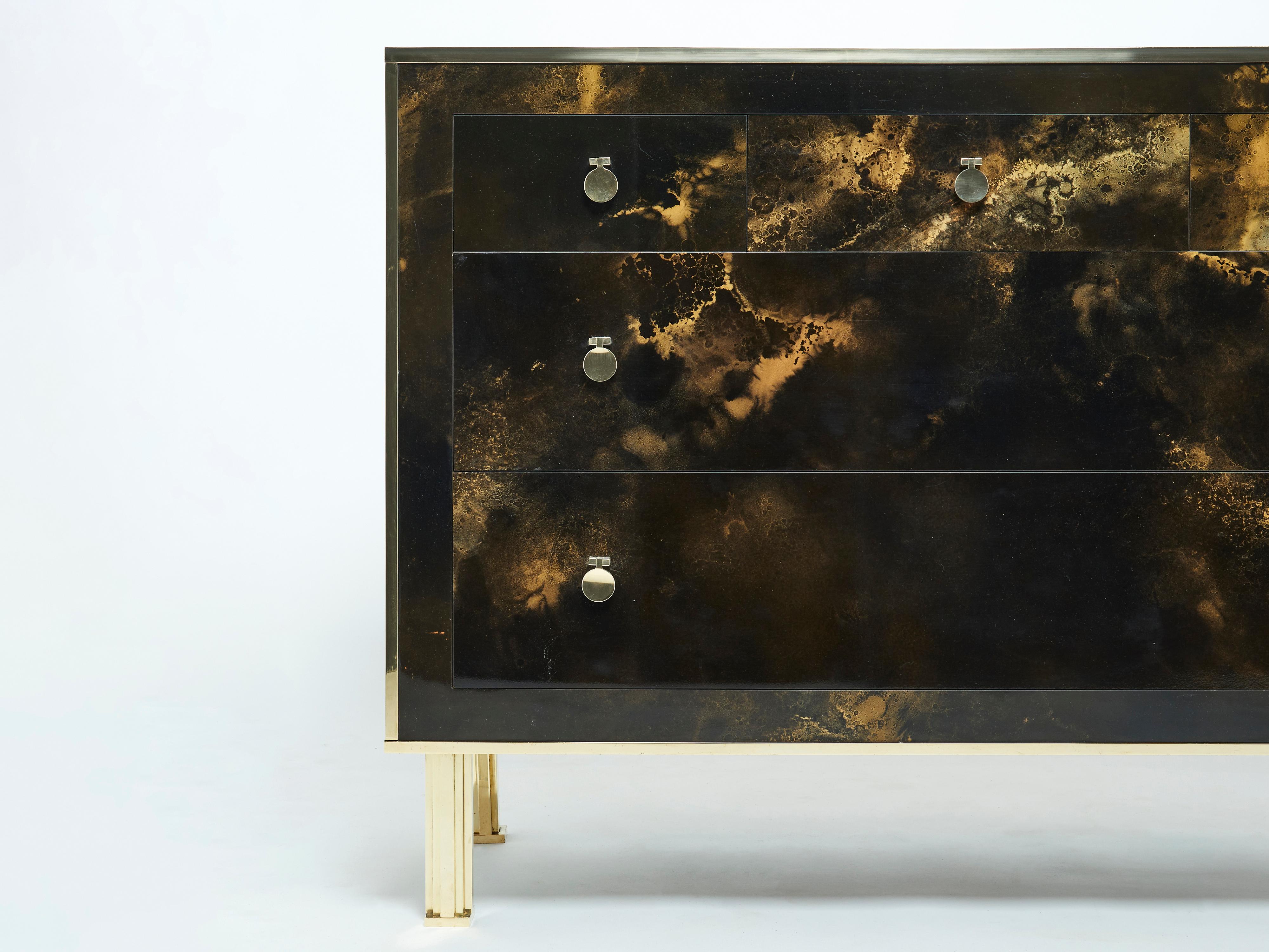 Late 20th Century Rare Golden Lacquer and Brass Maison Jansen Chest of Drawers, 1970s