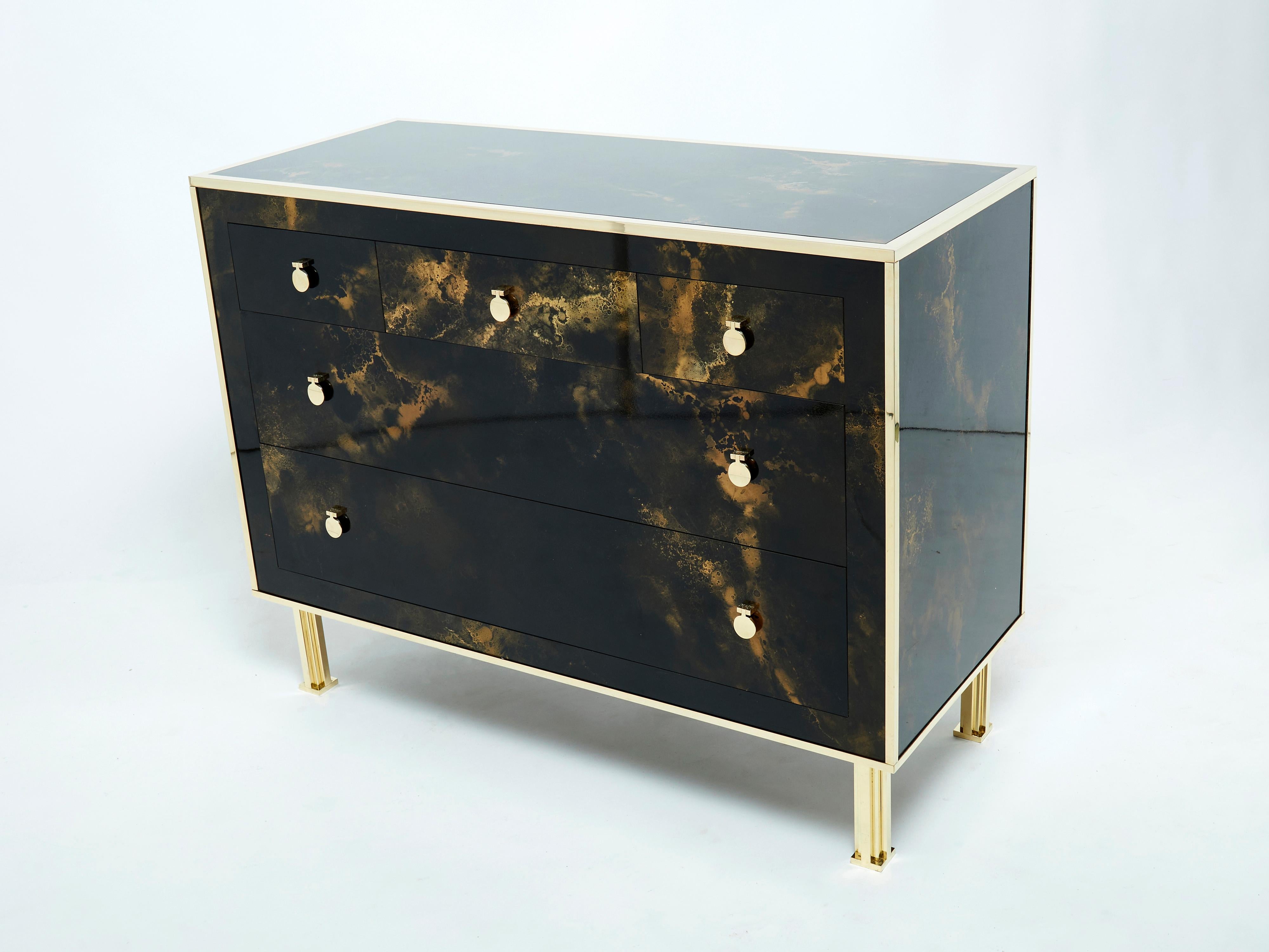 Rare Golden Lacquer and Brass Maison Jansen Chest of Drawers, 1970s 1