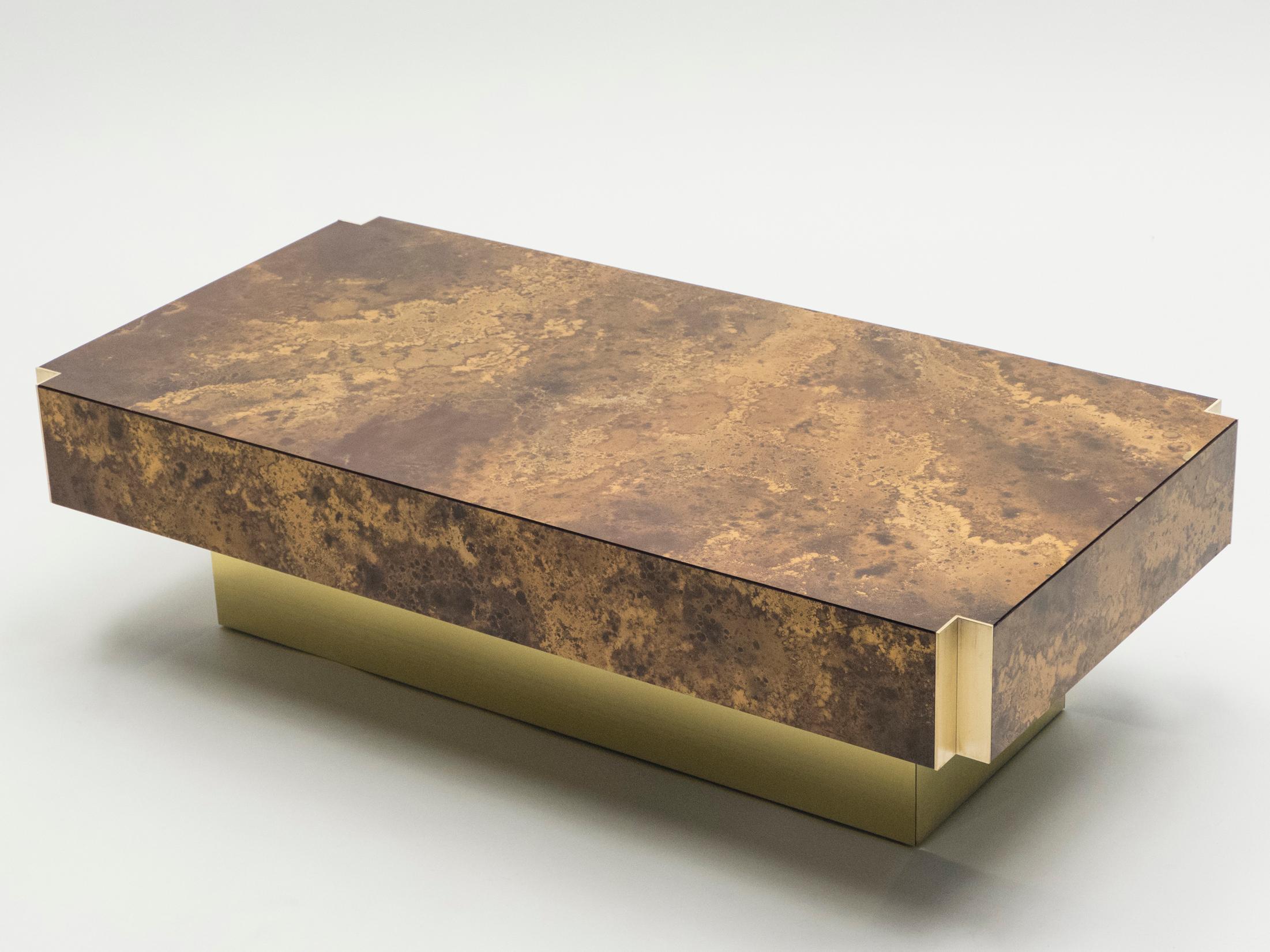 Mid-Century Modern Golden Lacquer and Brass Coffee Table, 1970s