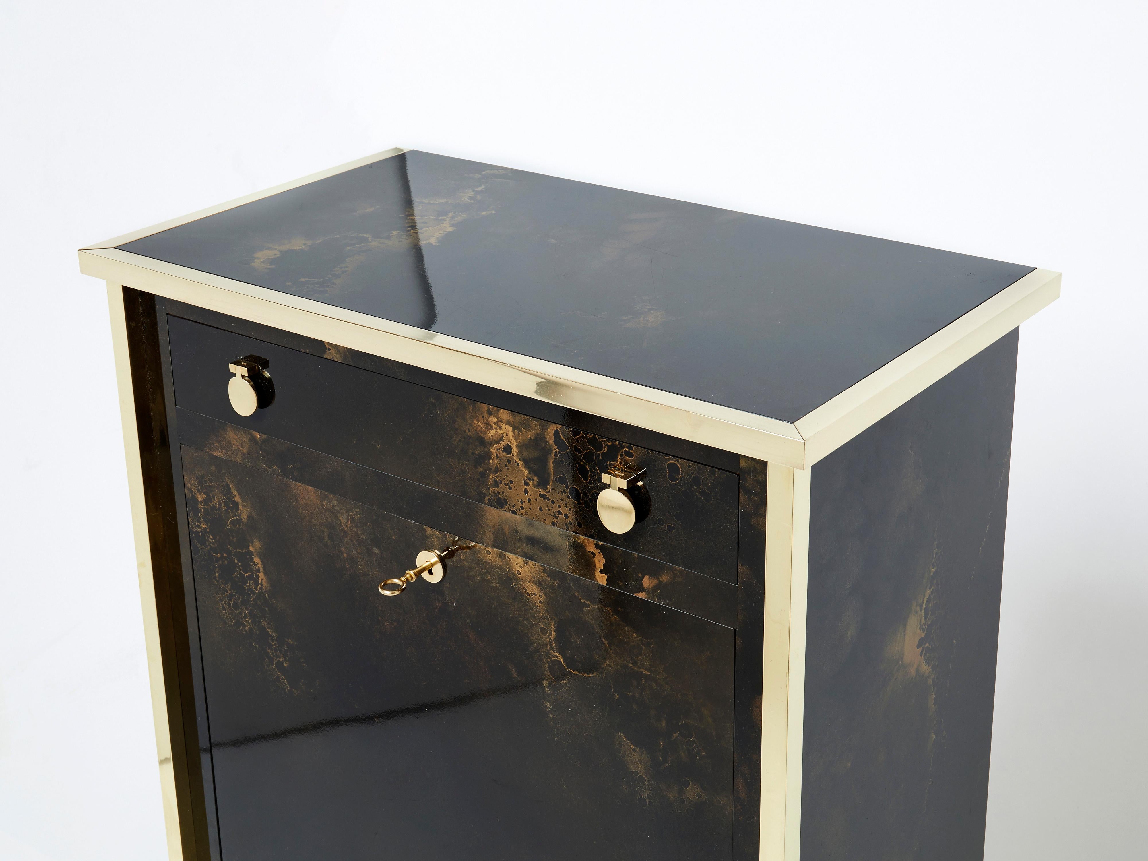 Rare Golden Lacquer and Brass Maison Jansen Secretary Cabinet 1970s For Sale 4