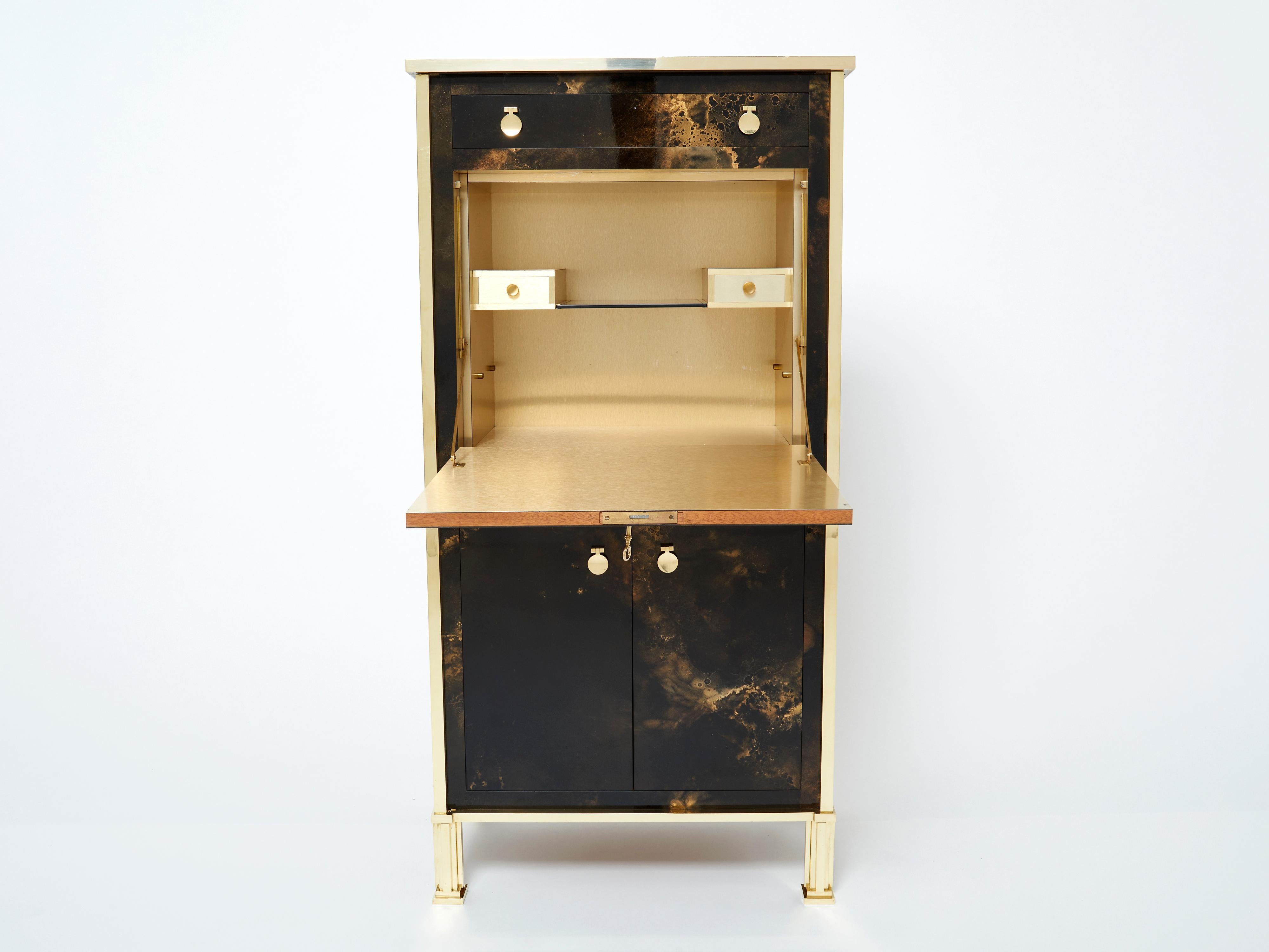 French Rare Golden Lacquer and Brass Maison Jansen Secretary Cabinet 1970s For Sale