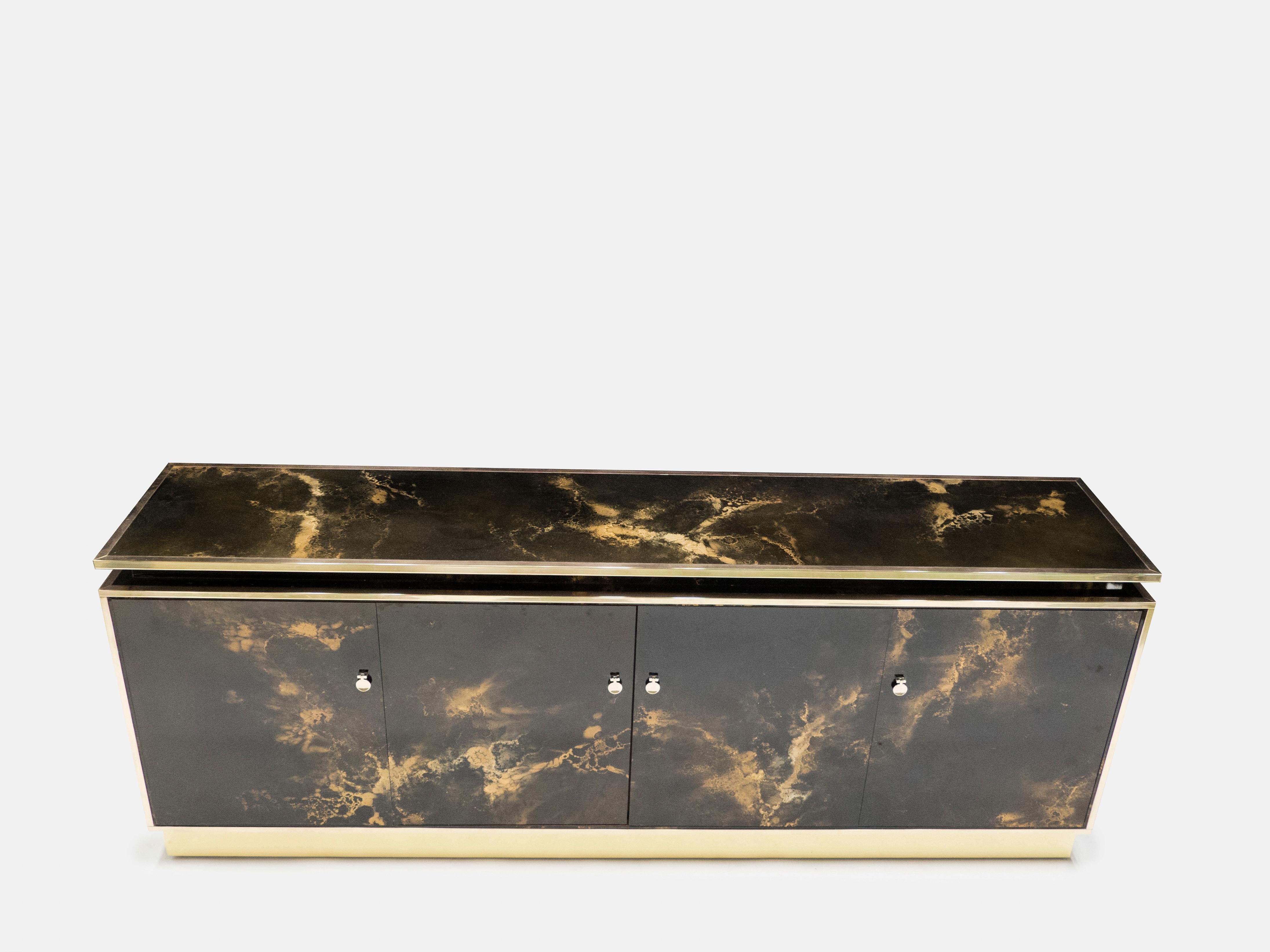 Mid-Century Modern Rare Golden Lacquer and Brass Maison Jansen Sideboard 1970s