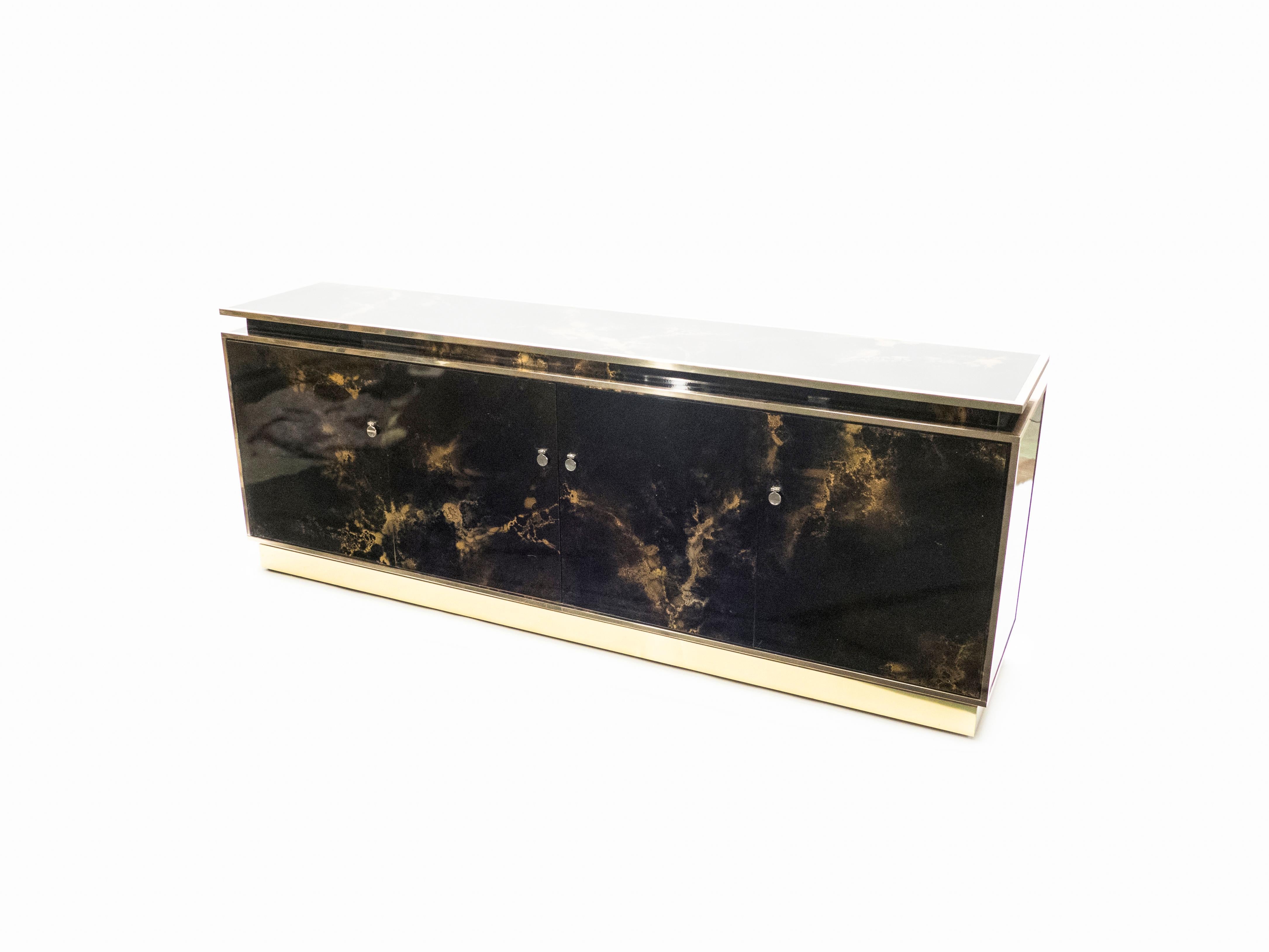 French Rare Golden Lacquer and Brass Maison Jansen Sideboard 1970s