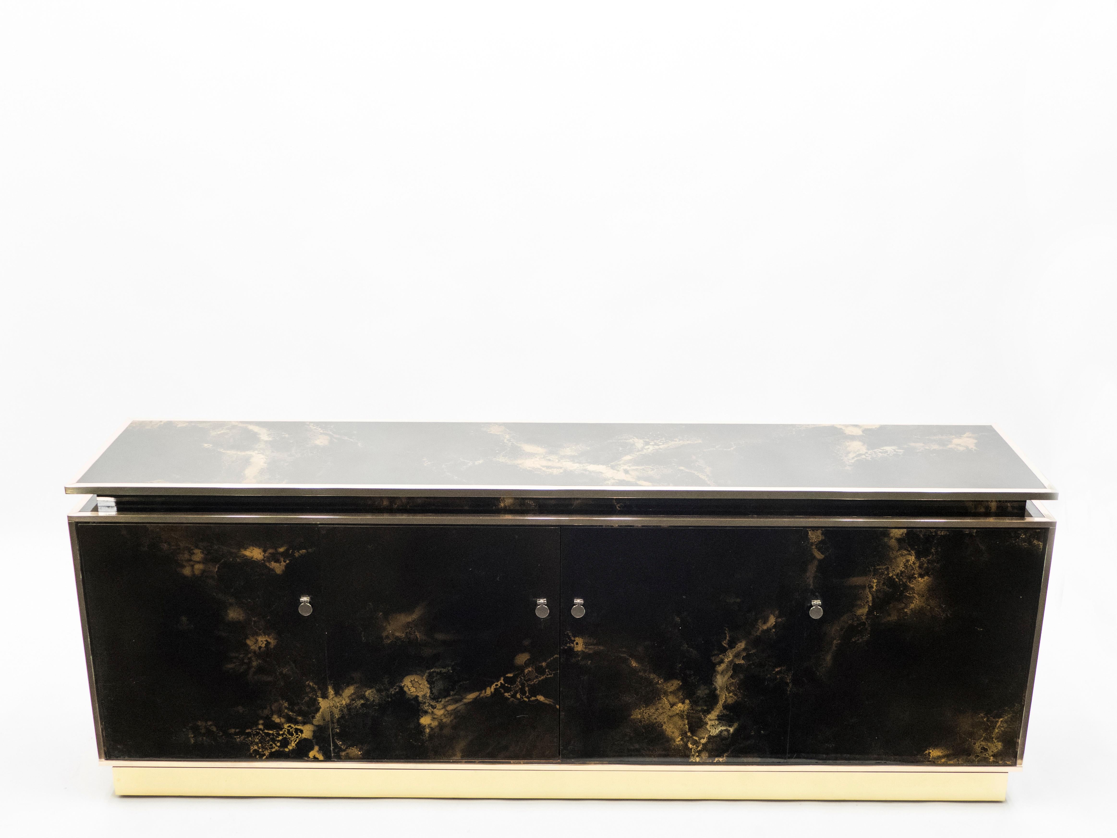 Rare Golden Lacquer and Brass Maison Jansen Sideboard 1970s 3