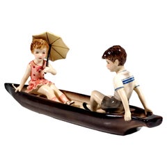 Vintage Rare Goldscheider Art Déco Group, Children in a Boat, by Stephan Dakon, Ca. 1936