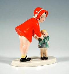 Rare Goldscheider Vienna Figurine, Girl With Doll, by Claire Weiss, circa 1934