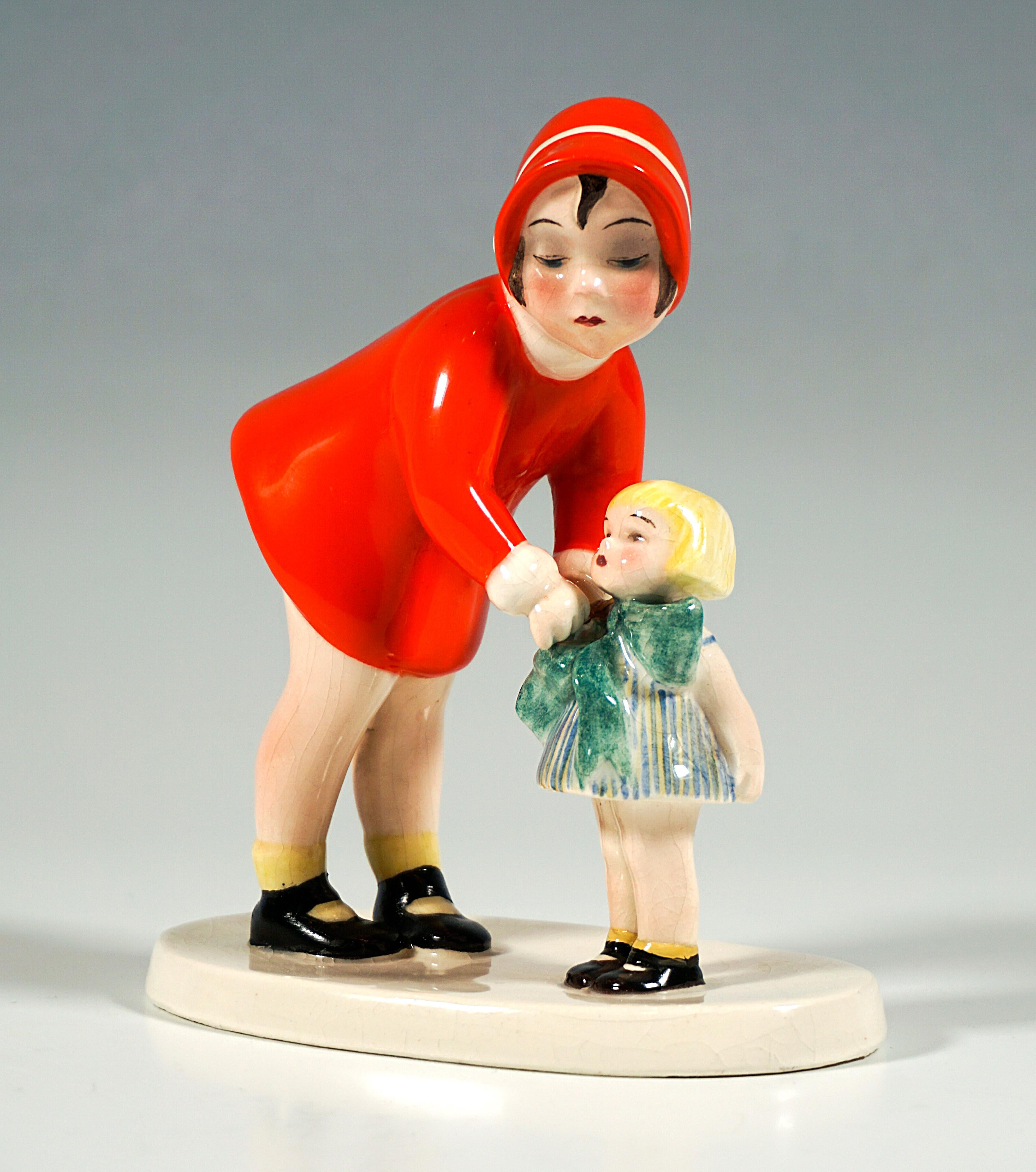 Austrian Rare Goldscheider Vienna Figurine, Girl With Doll, by Claire Weiss, circa 1934 For Sale