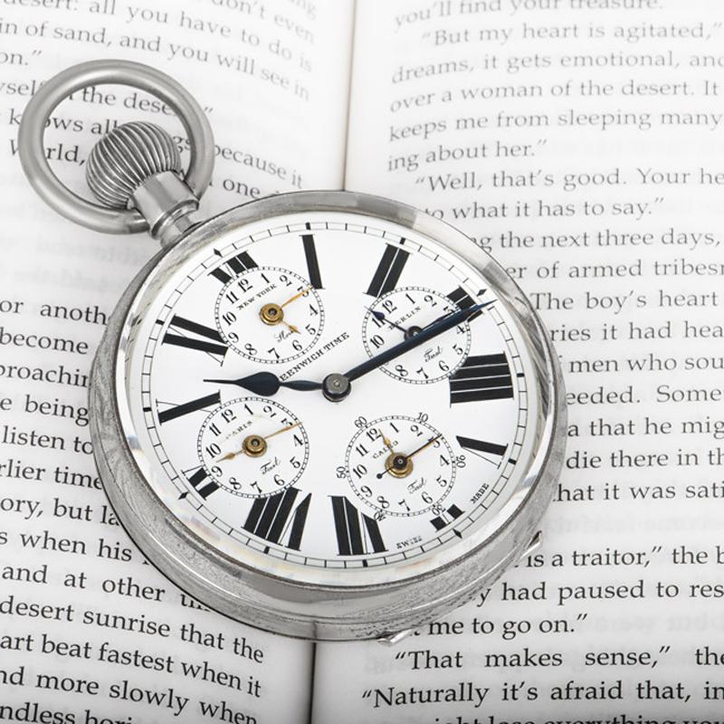 Rare montre à gousset Goliath World Time à levier à cadran ouvert et à levier en nickel, années 1900 en vente 3