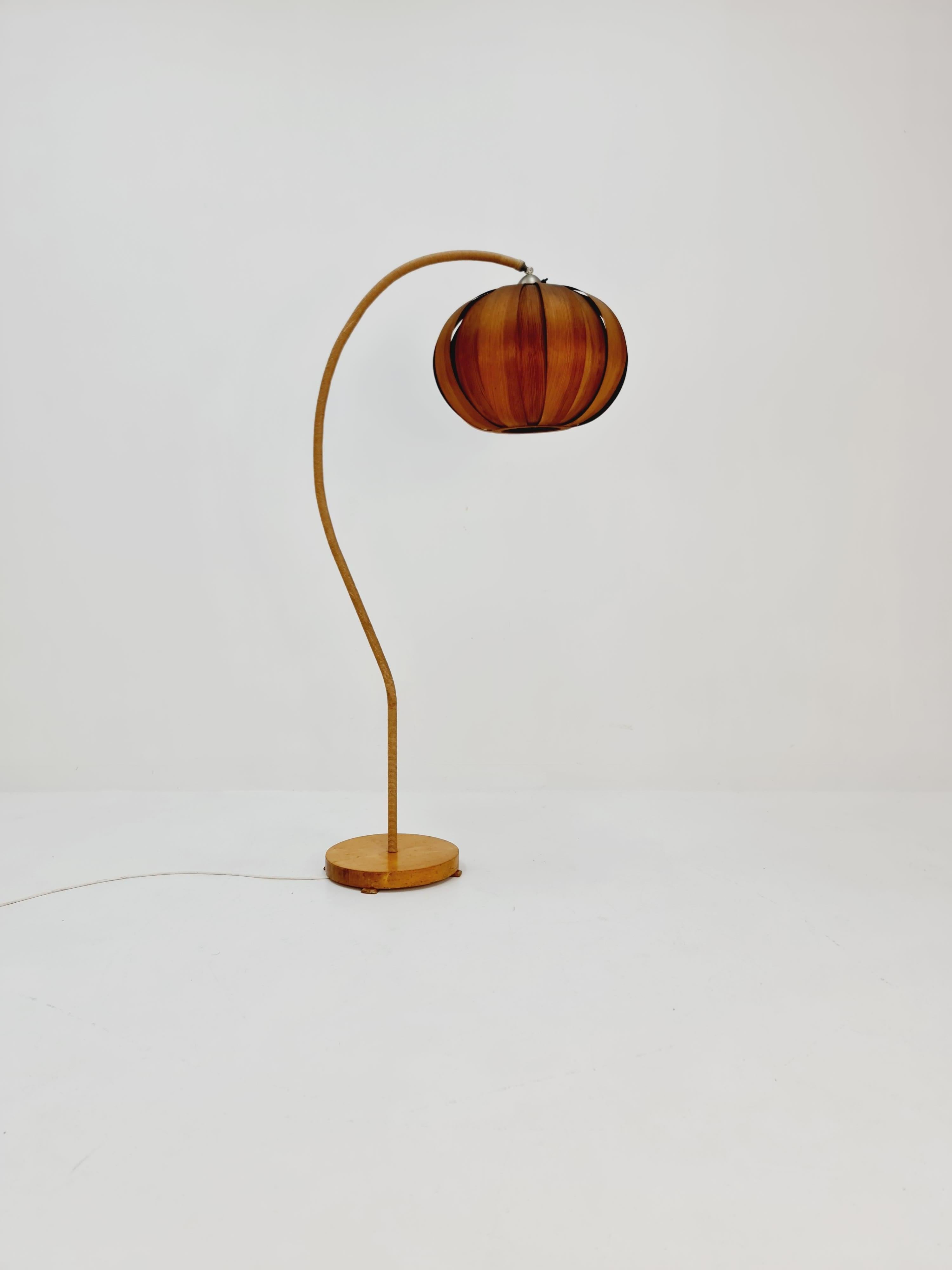 Mid-Century Modern Rare gooseneck floor lamp Danish paper cord with big  veneer shade by Marksljöd For Sale