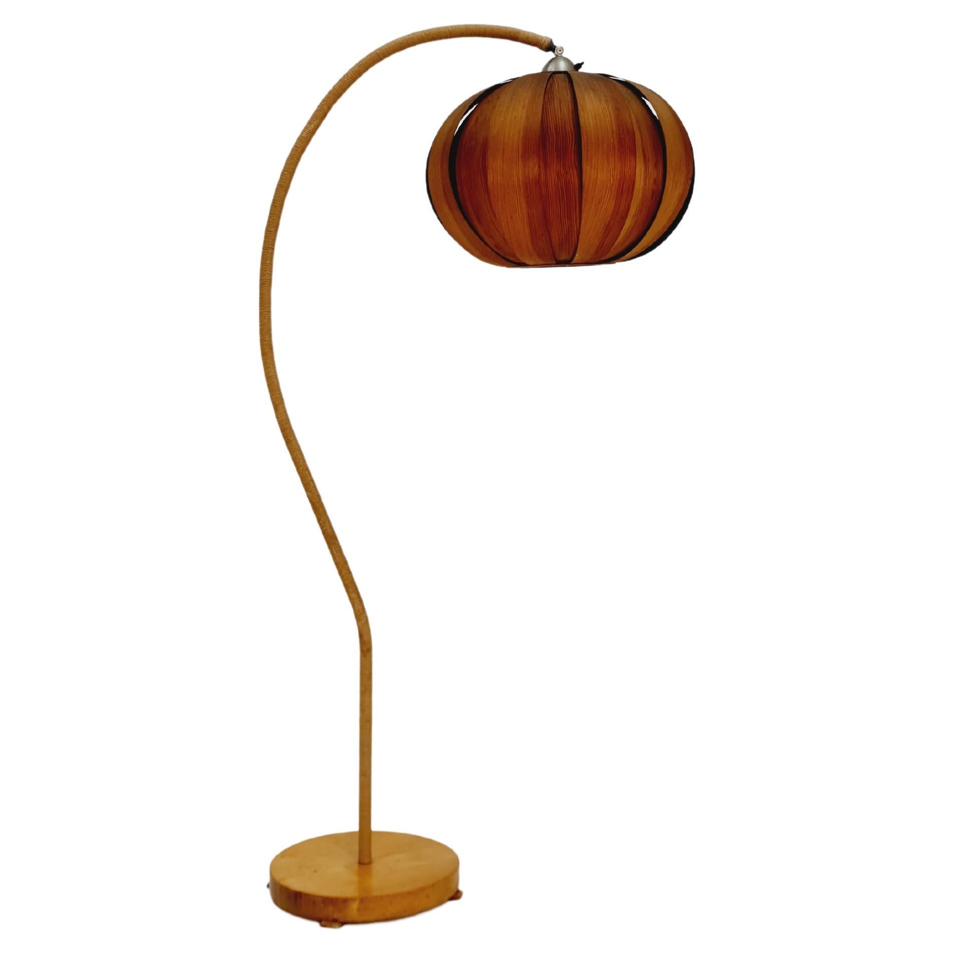 Rare gooseneck floor lamp Danish paper cord with big  veneer shade by Marksljöd