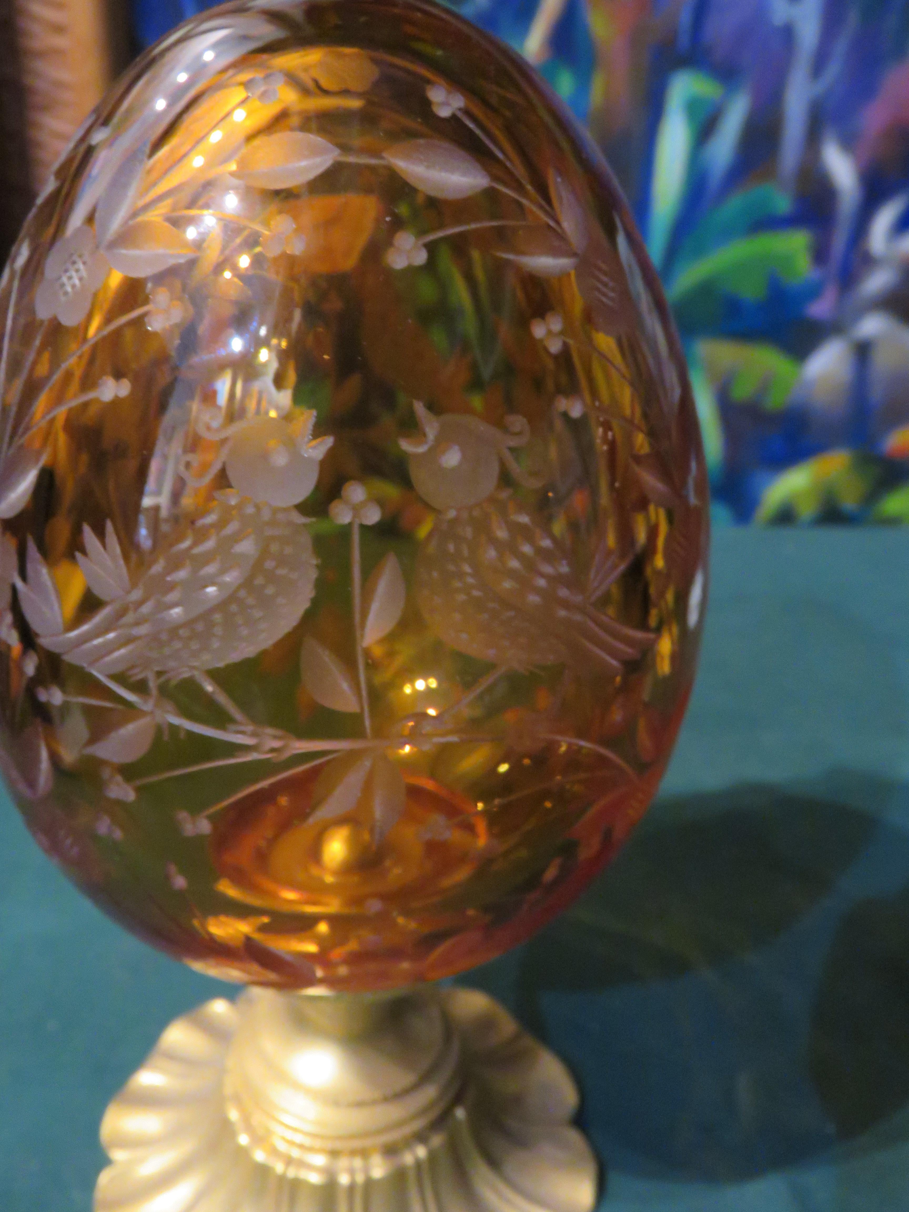 Italian  Rare Gorgeous Fancy Hand Cut Faberge Style Crystal 24KT Gold Leaf Egg For Sale