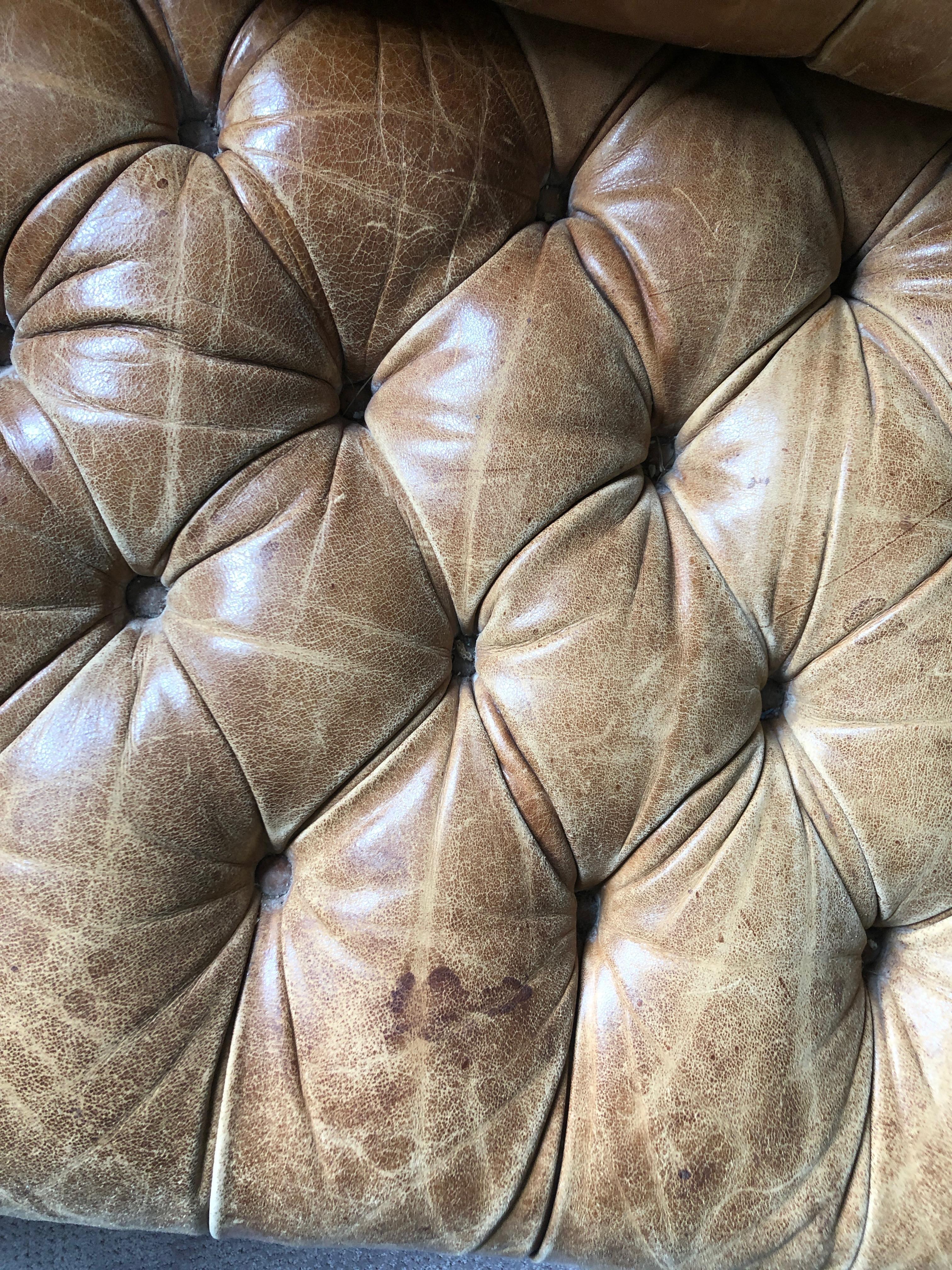 English Rare Gorgeously Distressed Vintage Cognac Leather Chesterfield