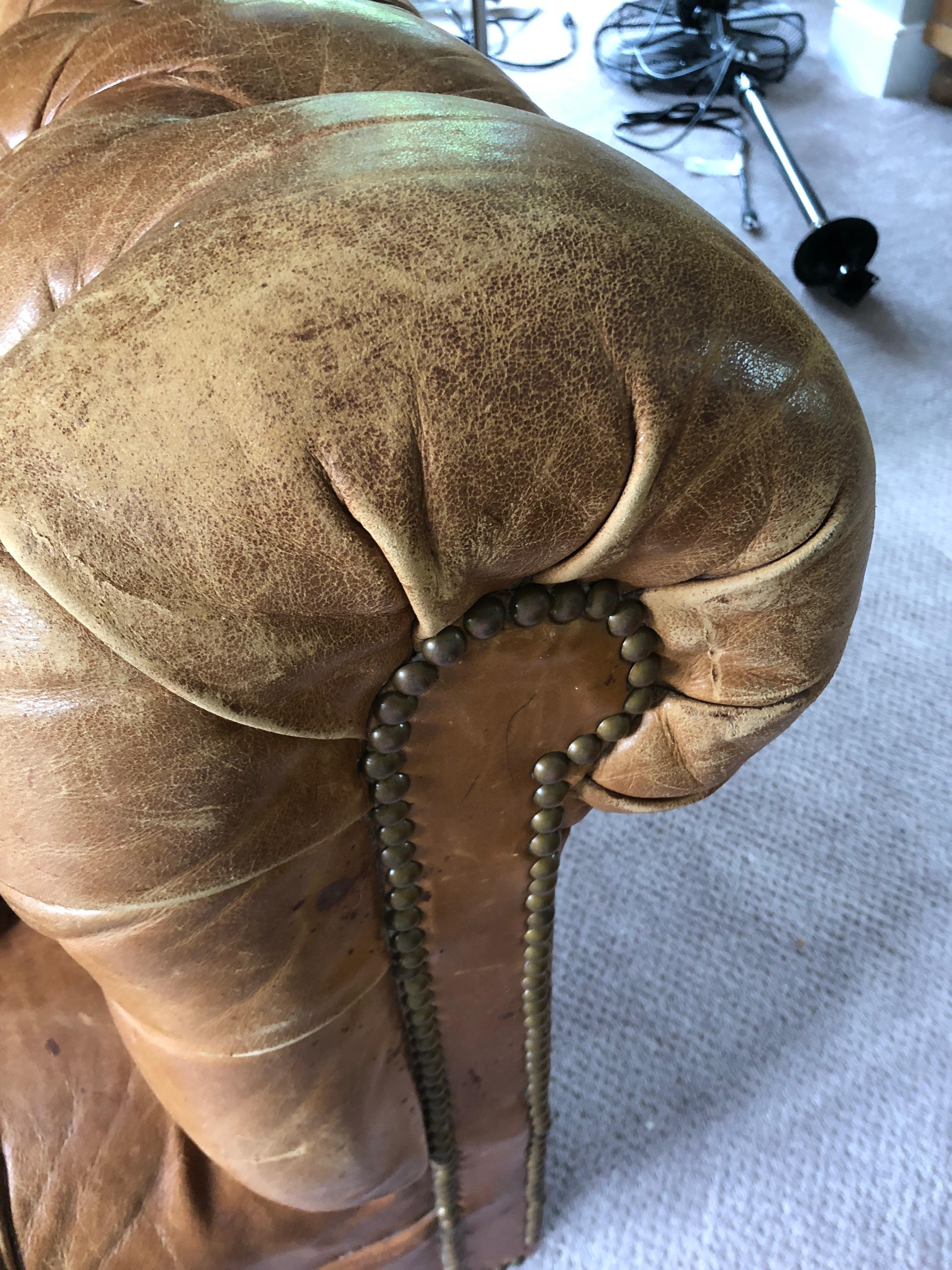 Mid-20th Century Rare Gorgeously Distressed Vintage Cognac Leather Chesterfield