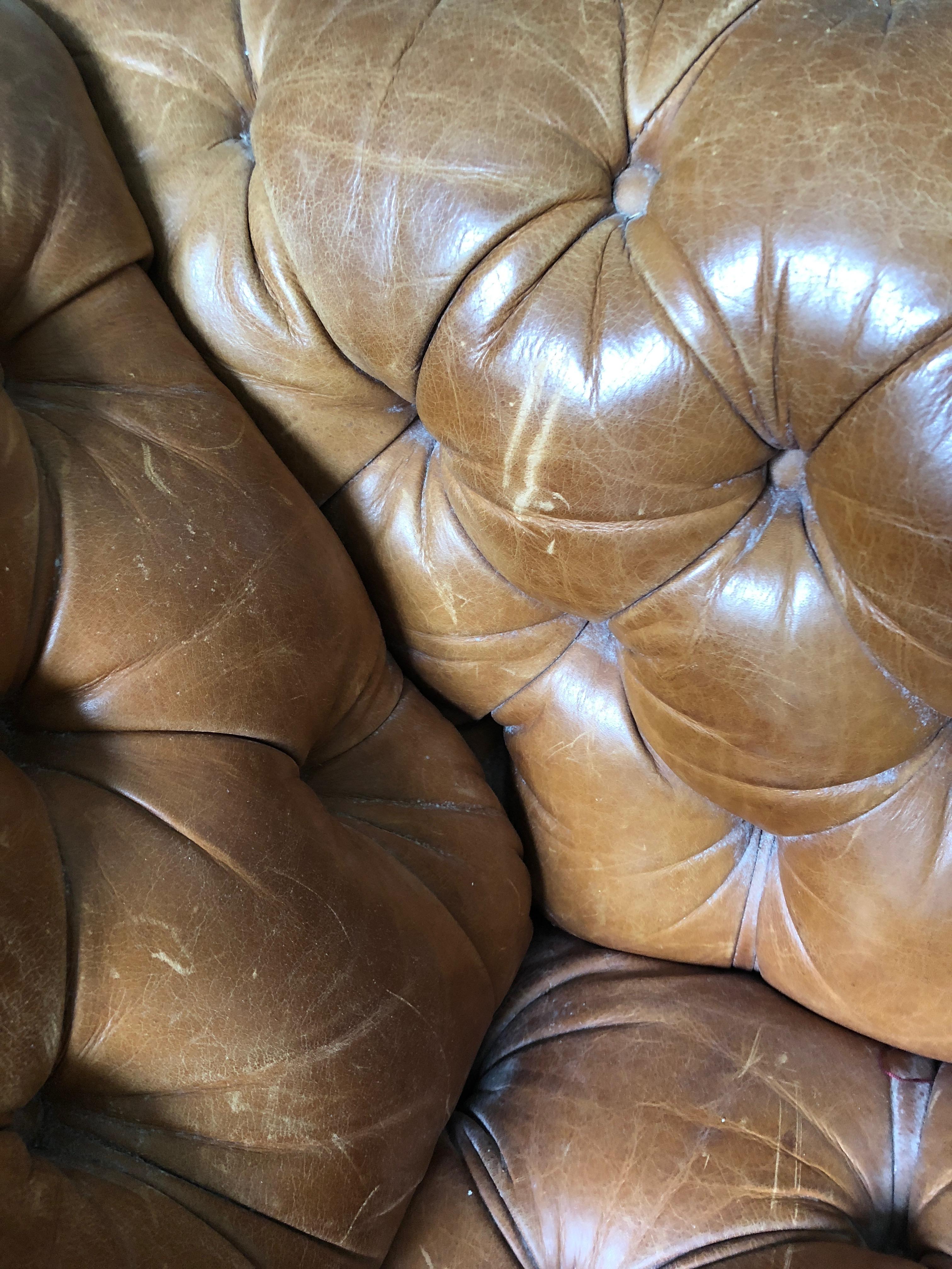 Rare Gorgeously Distressed Vintage Cognac Leather Chesterfield 1