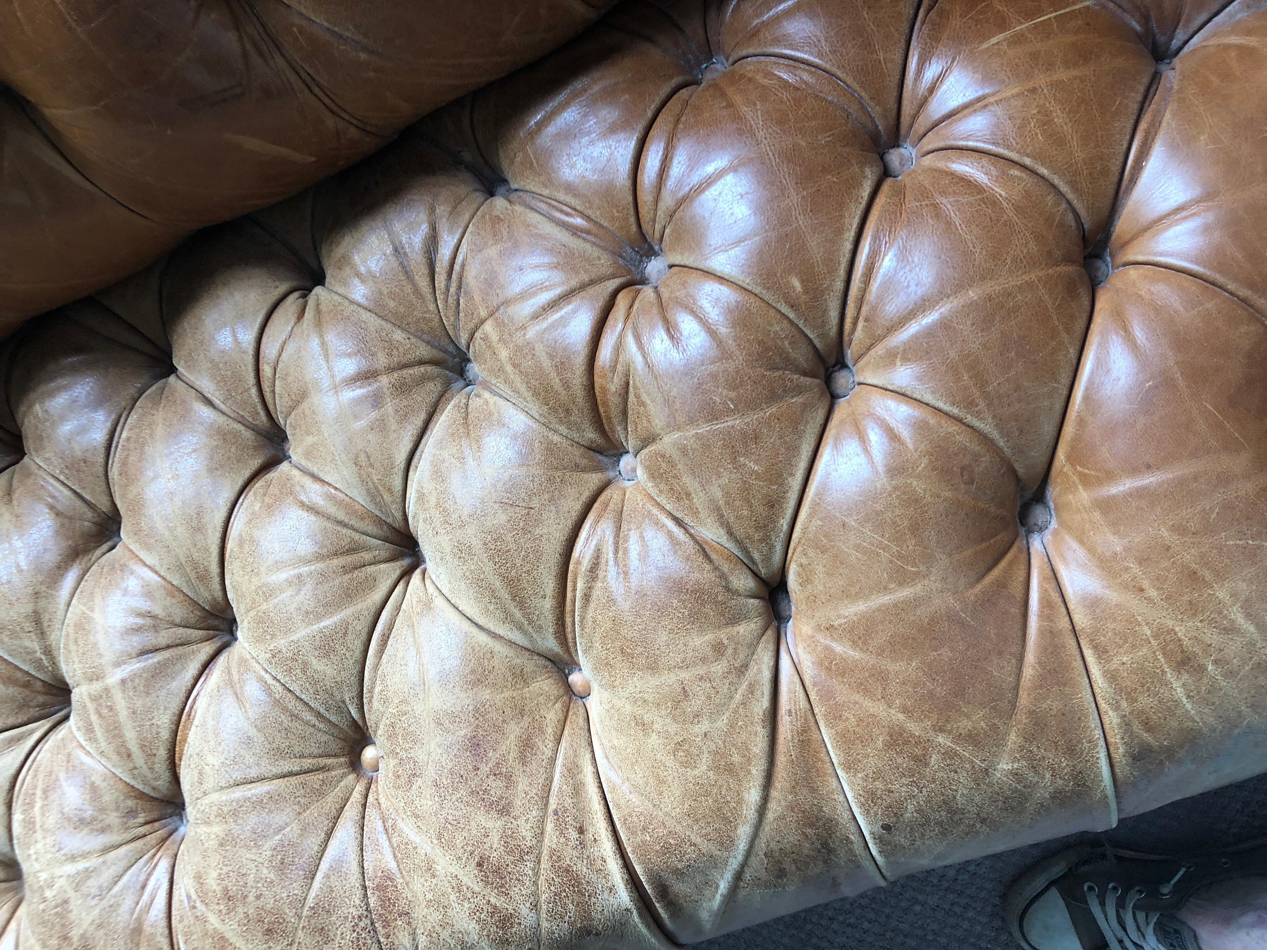 Rare Gorgeously Distressed Vintage Cognac Leather Chesterfield 2