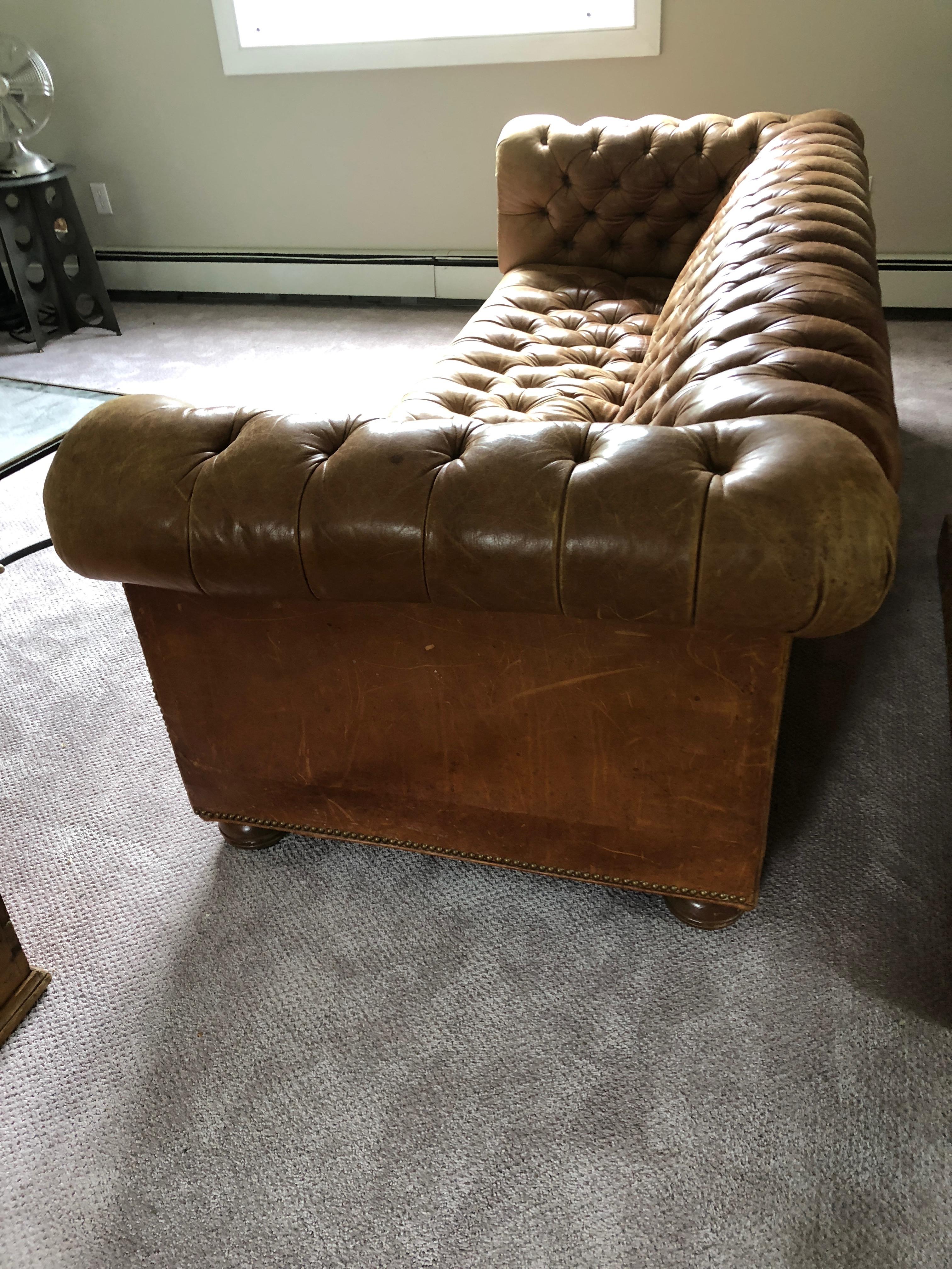 Rare Gorgeously Distressed Vintage Cognac Leather Chesterfield 3