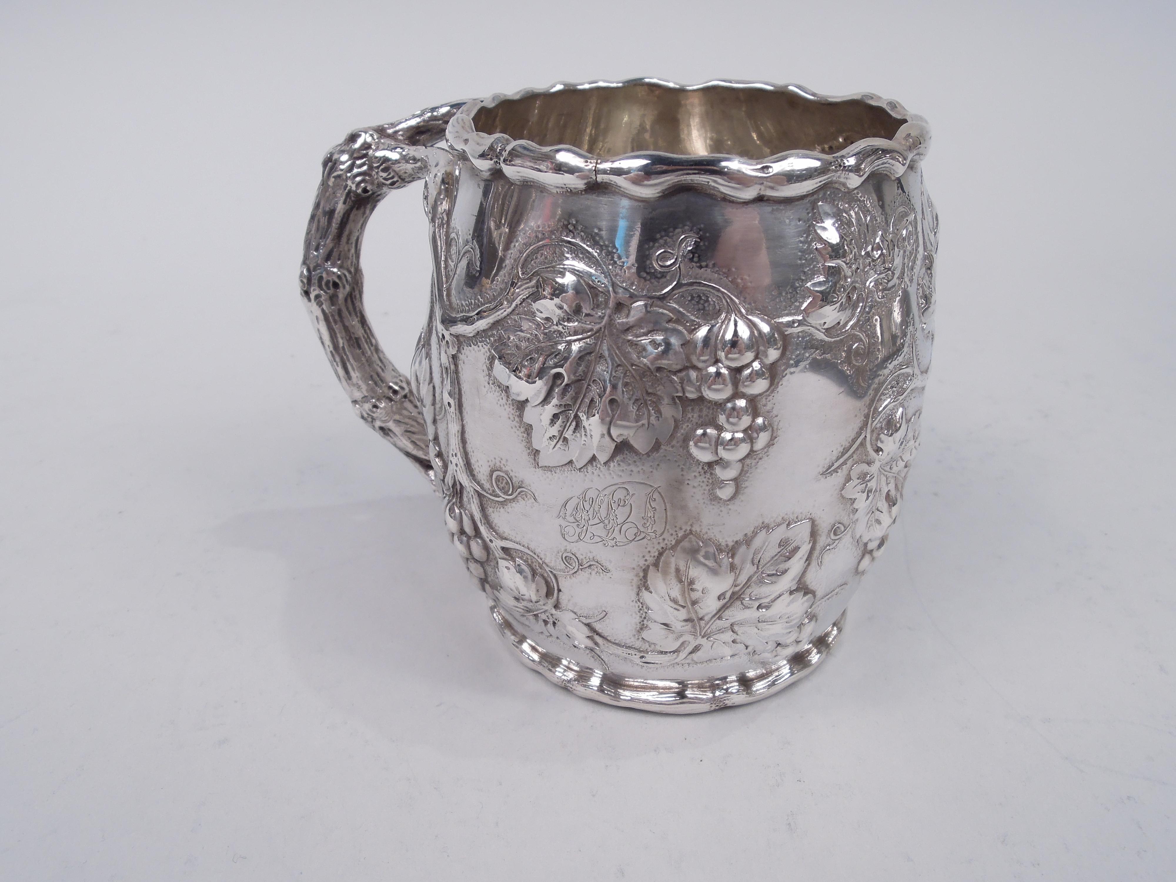 Sterling Silver Rare Gorham Grapevine Drinks Set with Pitcher & Mug on Tray, 1888 For Sale