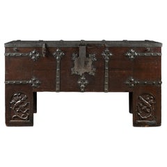 Rare Gothic German Oak and Iron Chest Known as "Stollentruhe"
