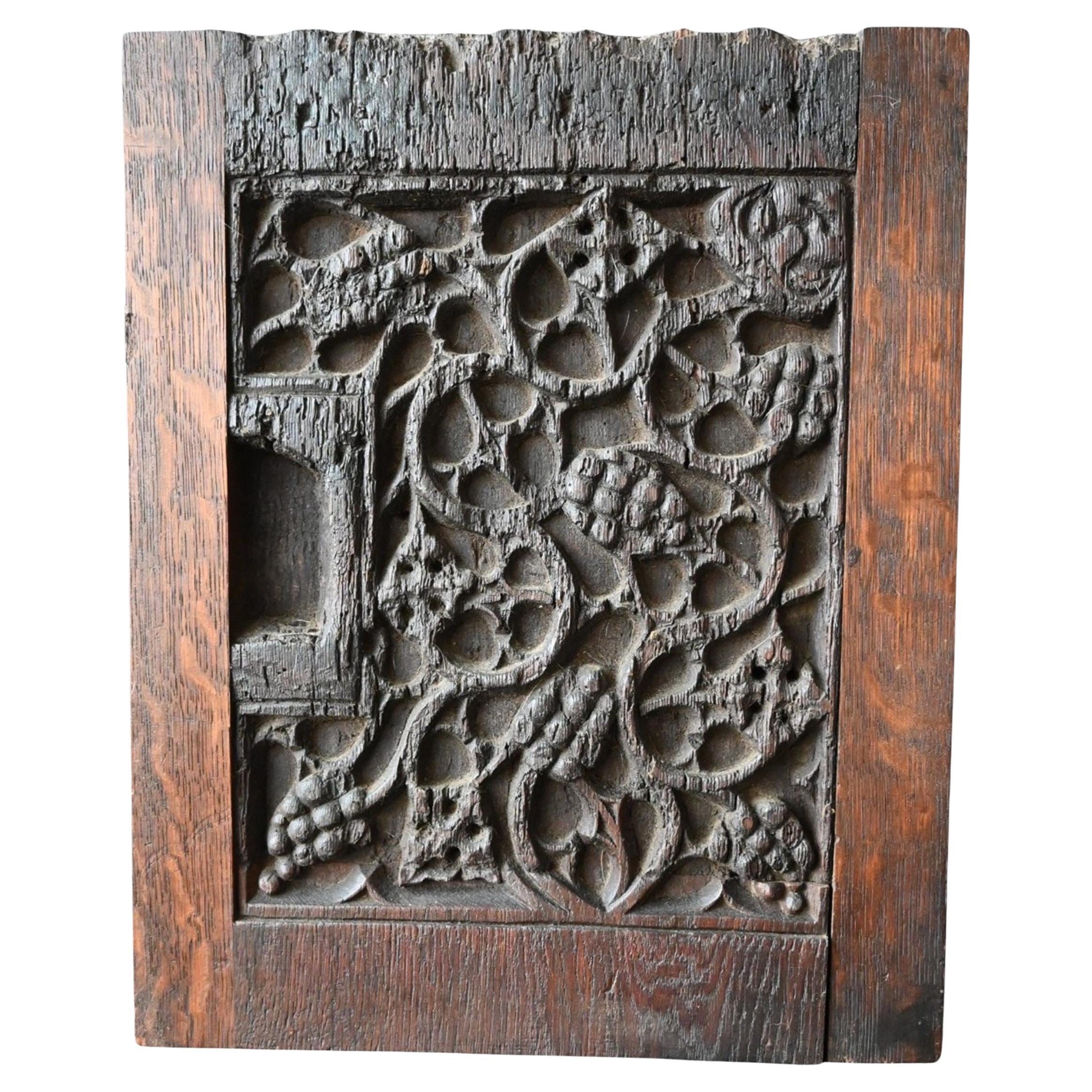 Rare panneau en chêne gothique sculpté d'un motif de vigne et de grappe de raisin, vers 1320-1400 en vente