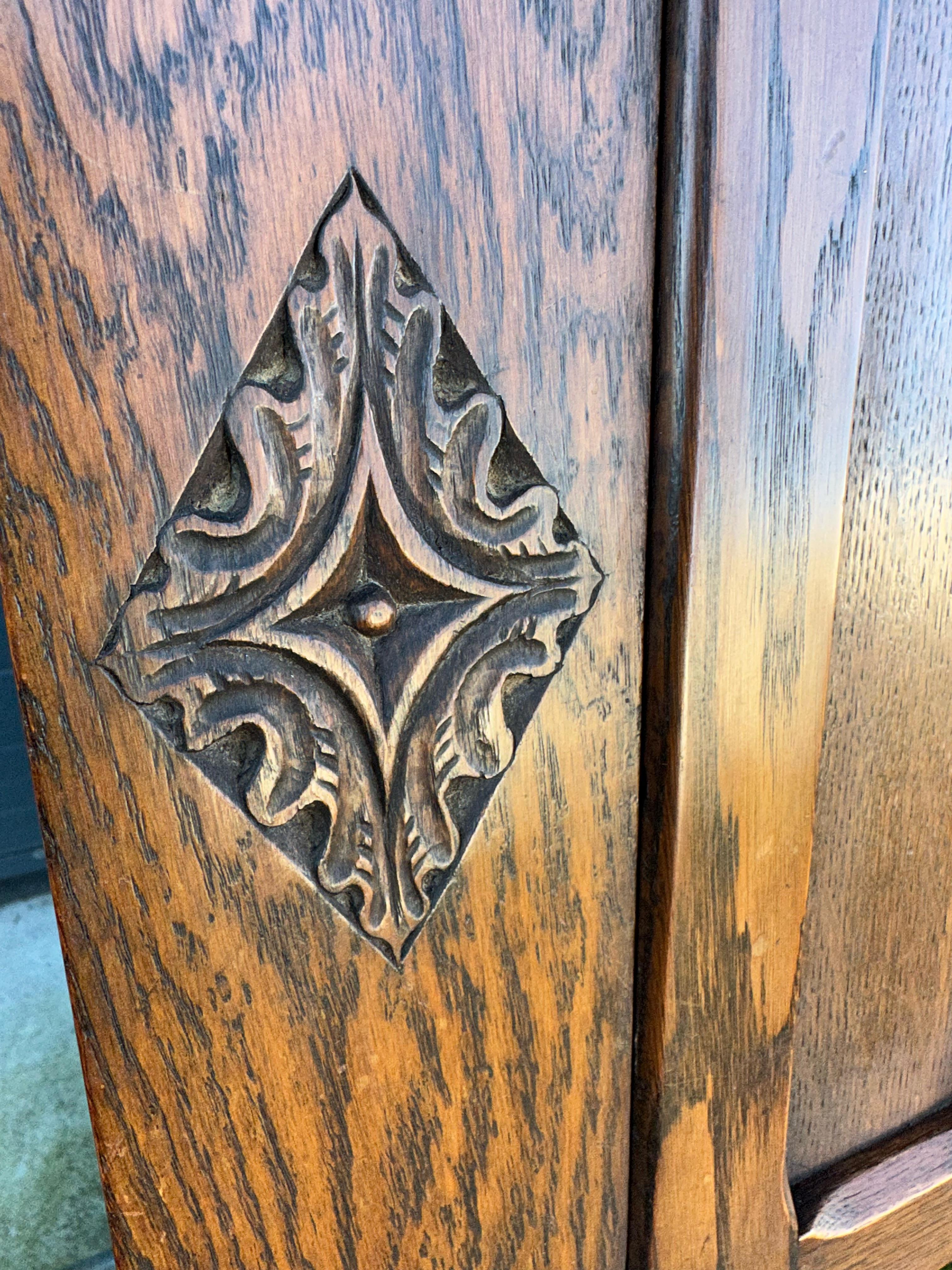 Rare Gothic Revival Carved Oak Secretaire / Desk w. Church Window Panels & More For Sale 2