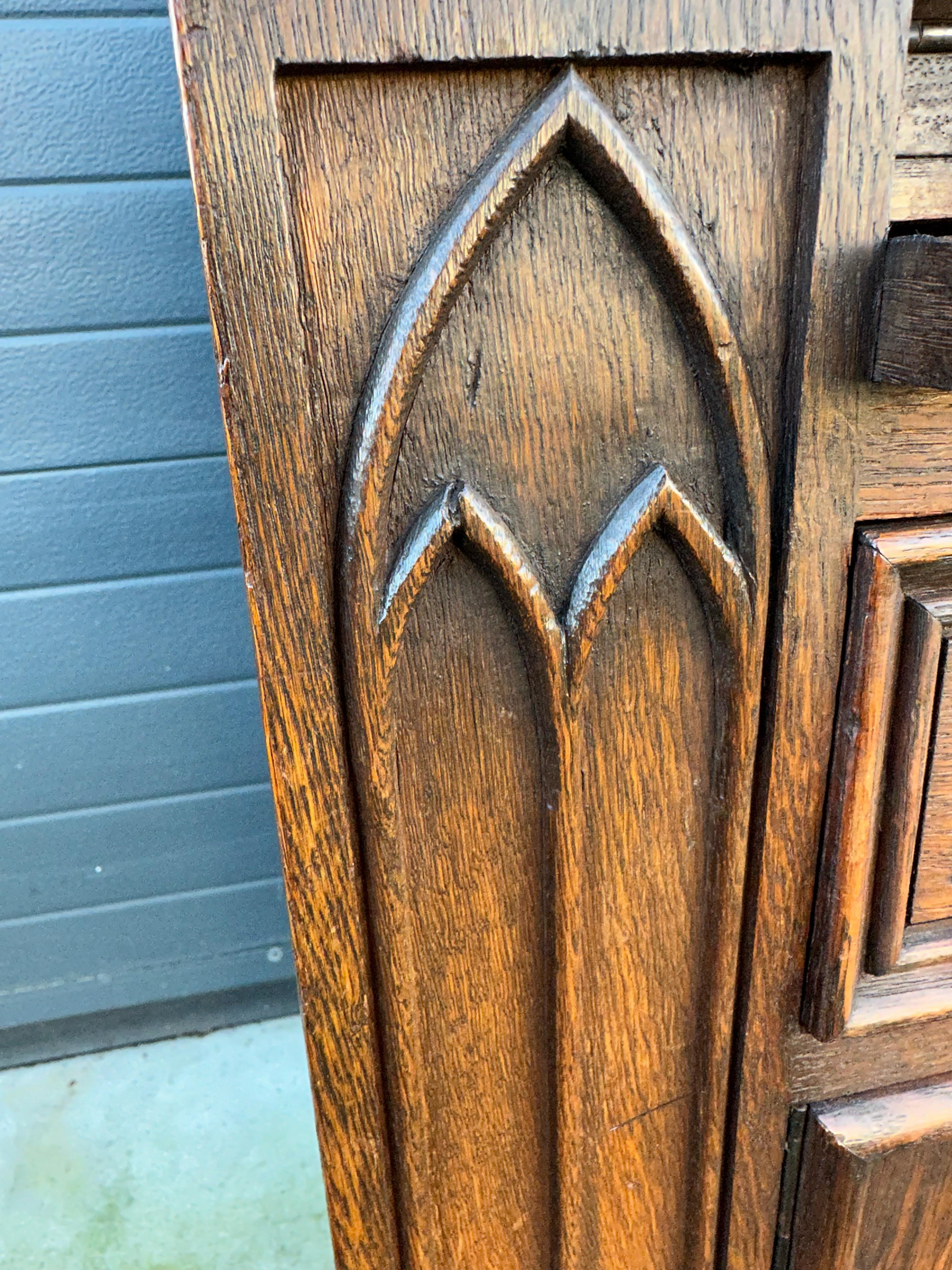 Rare Gothic Revival Carved Oak Secretaire / Desk w. Church Window Panels & More For Sale 3
