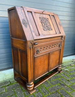 Rare Gothic Revival Carved Oak Secretaire / Desk w. Church Window Panels & More