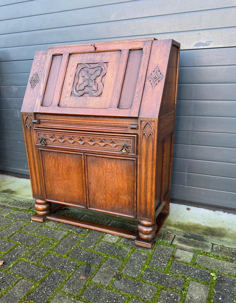 French Rare Gothic Revival Carved Oak Secretaire / Desk w. Church Window Panels & More For Sale