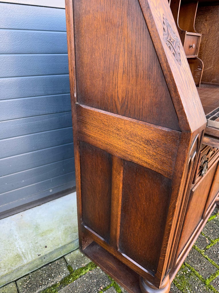 Patinated Rare Gothic Revival Carved Oak Secretaire / Desk w. Church Window Panels & More For Sale